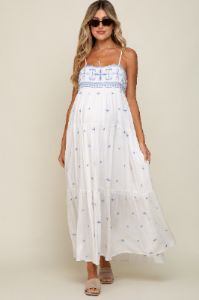 White Floral Embroidered Tiered Maternity Maxi Dress sold by Pinkblush