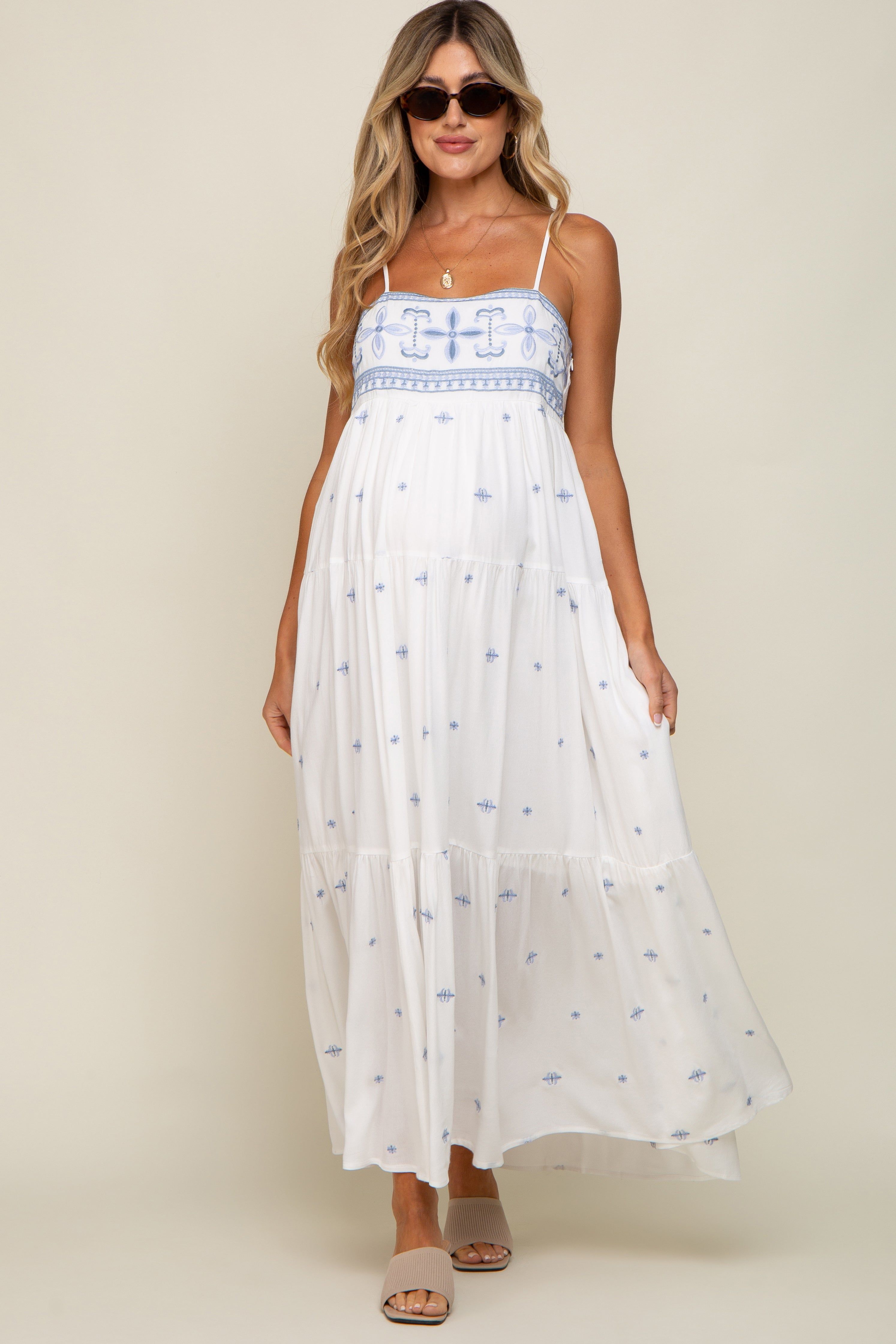 White Floral Embroidered Tiered Maternity Maxi Dress sold by Pinkblush product image thumbnail 7