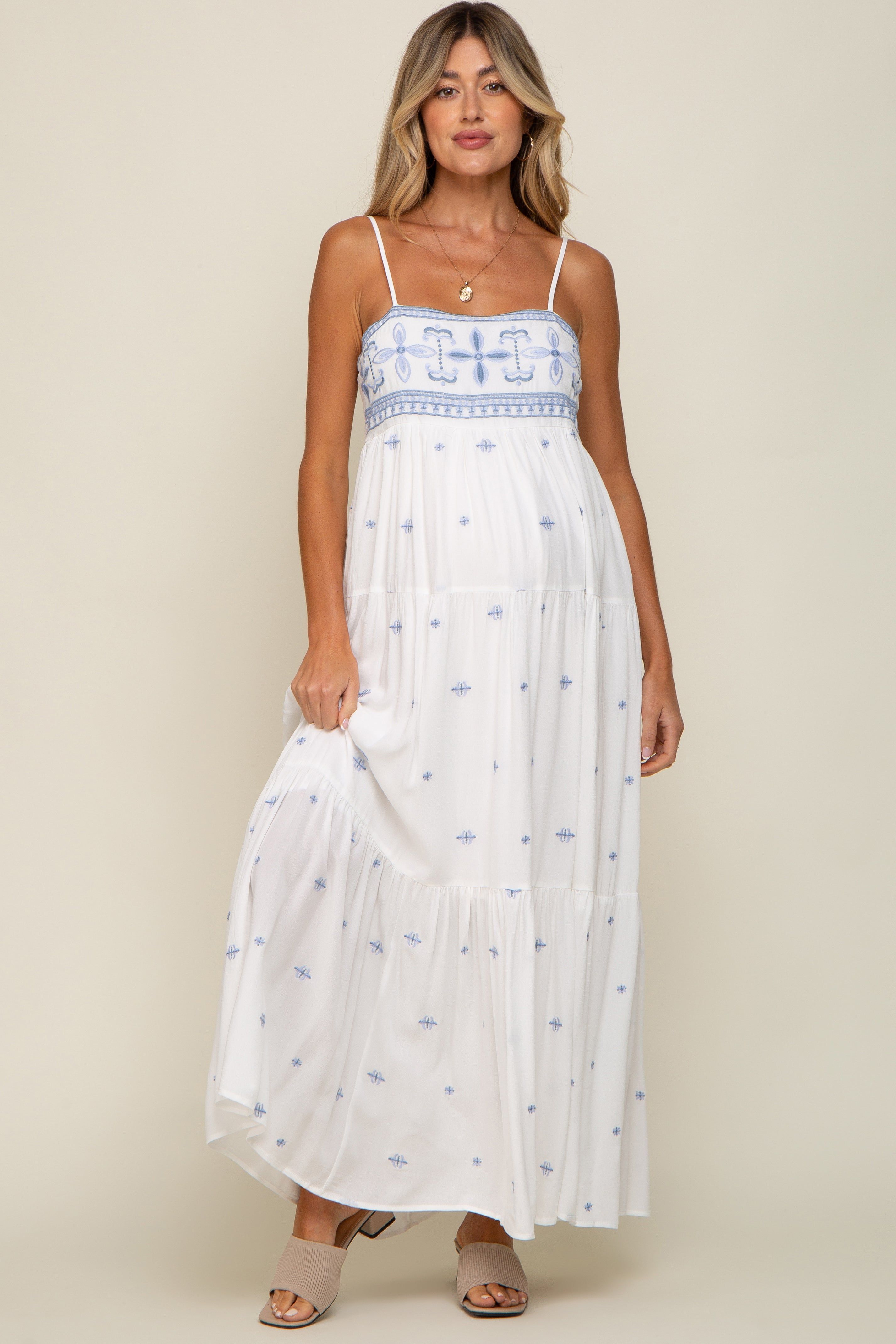 White Floral Embroidered Tiered Maternity Maxi Dress sold by Pinkblush product image thumbnail 4