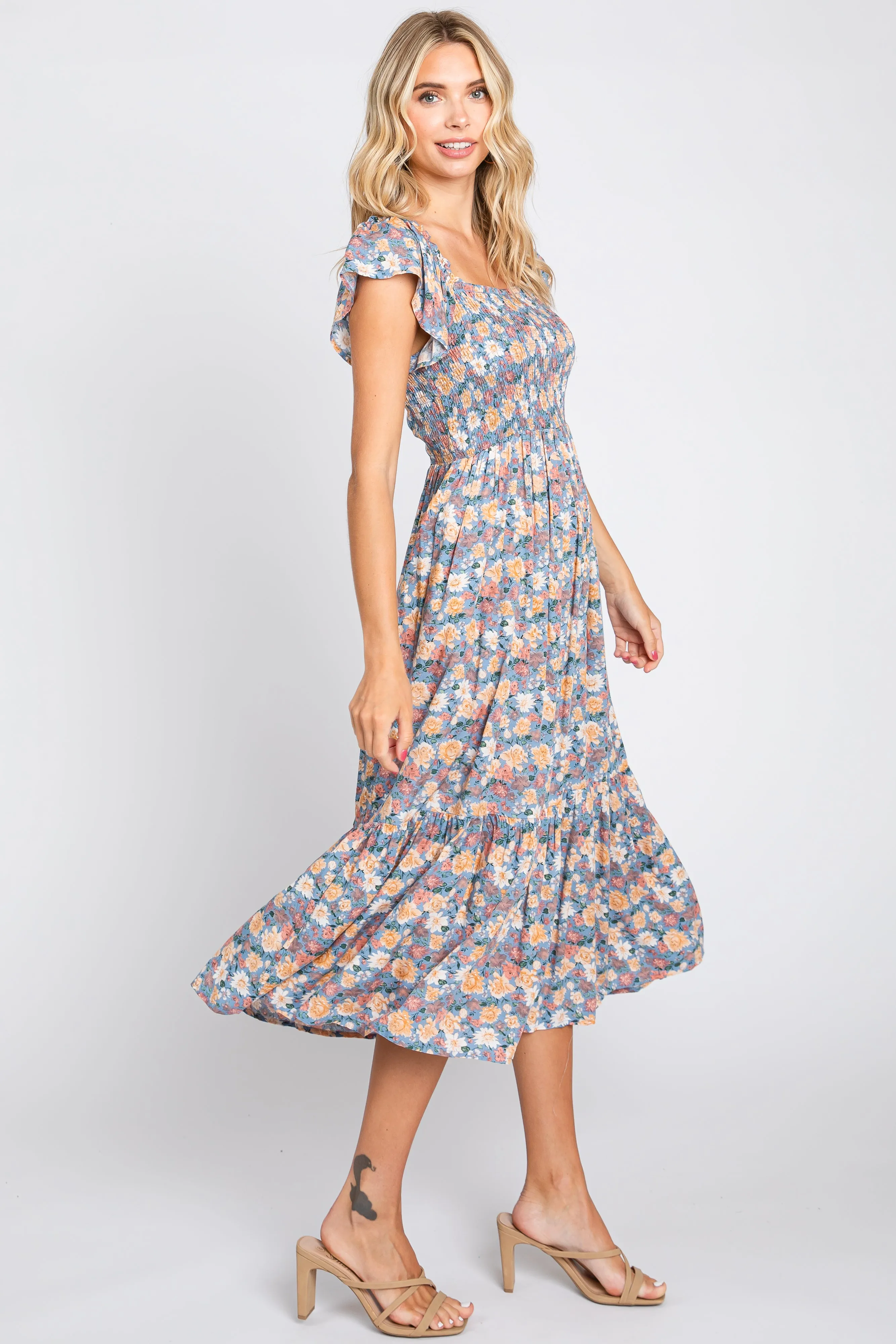 Blue Floral Off Shoulder Smocked Midi Dress sold by Pinkblush product image thumbnail 2