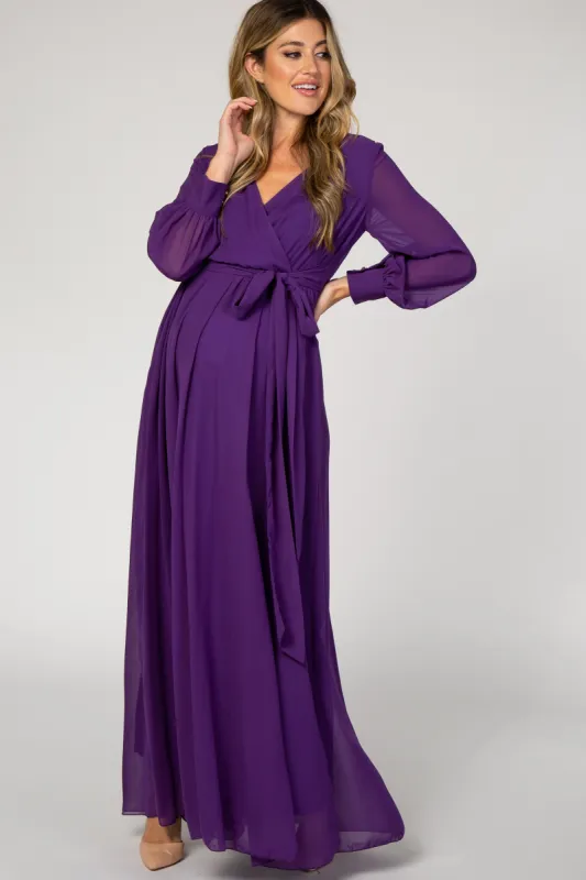 Purple Chiffon Long Sleeve Pleated Maternity Maxi Dress sold by Pinkblush