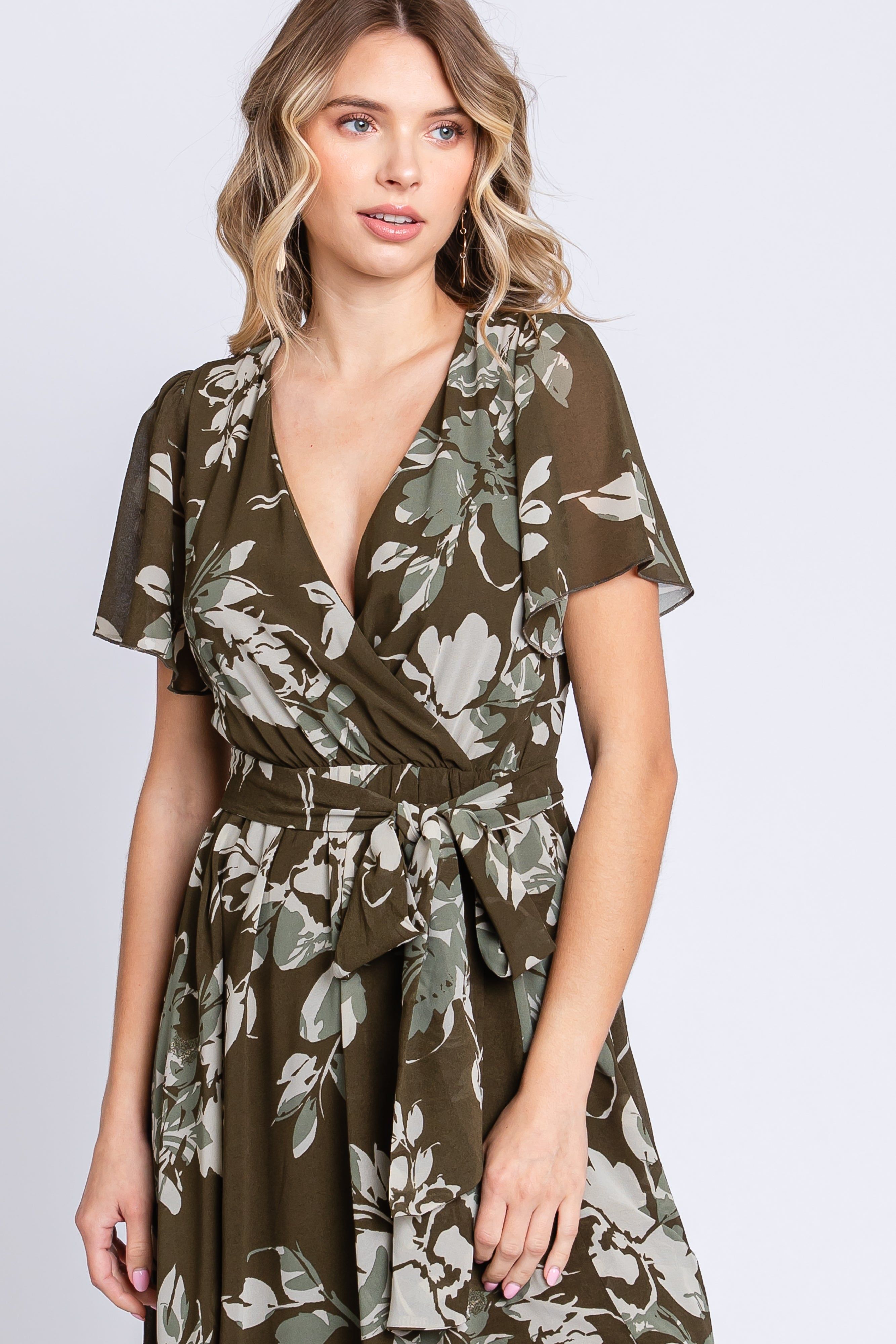 Olive Floral V-Neck Side Slit Dress sold by Pinkblush product image thumbnail 4