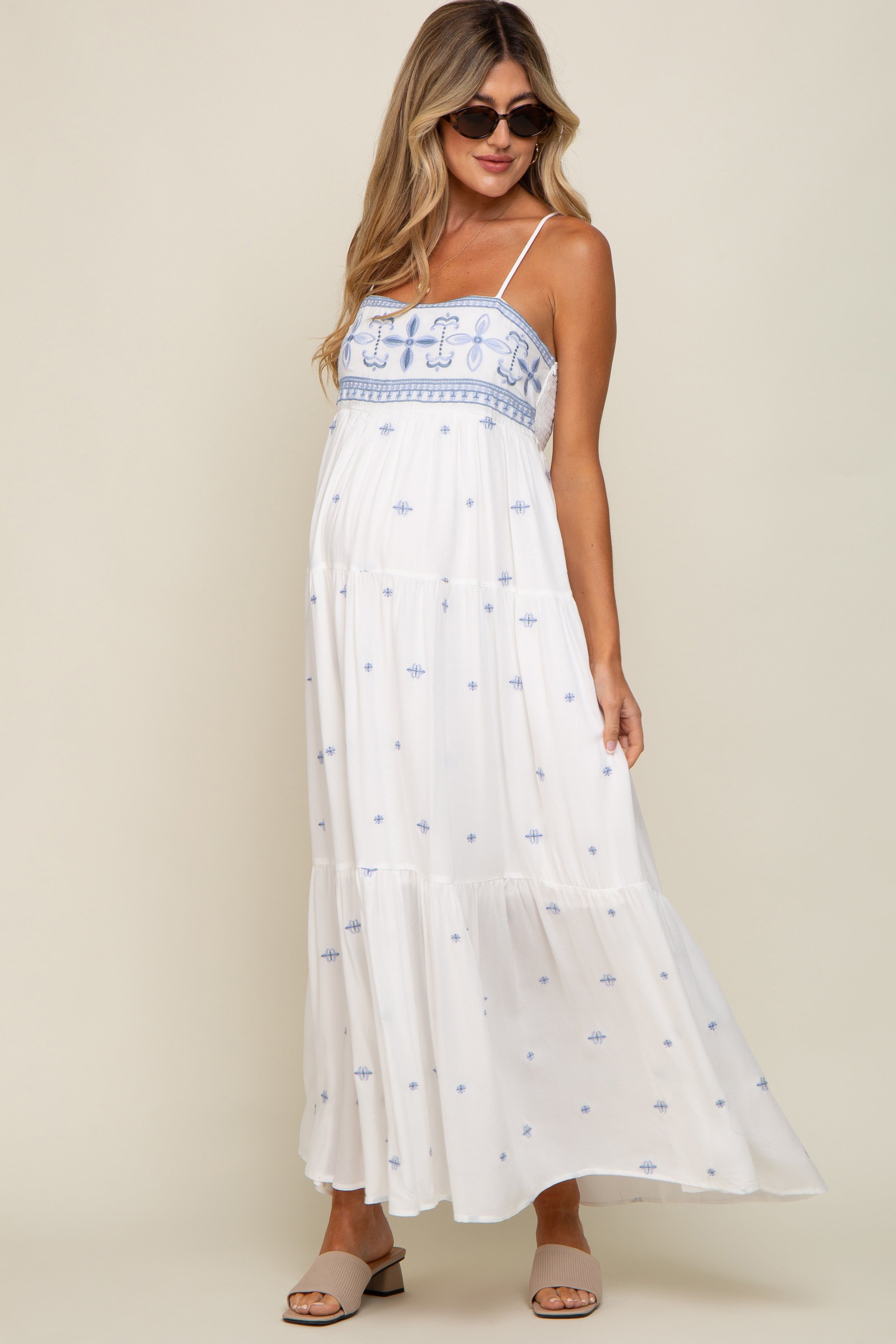 White Floral Embroidered Tiered Maternity Maxi Dress sold by Pinkblush product image thumbnail 8