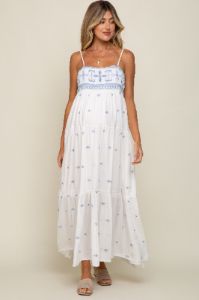 White Floral Embroidered Tiered Maternity Maxi Dress sold by Pinkblush