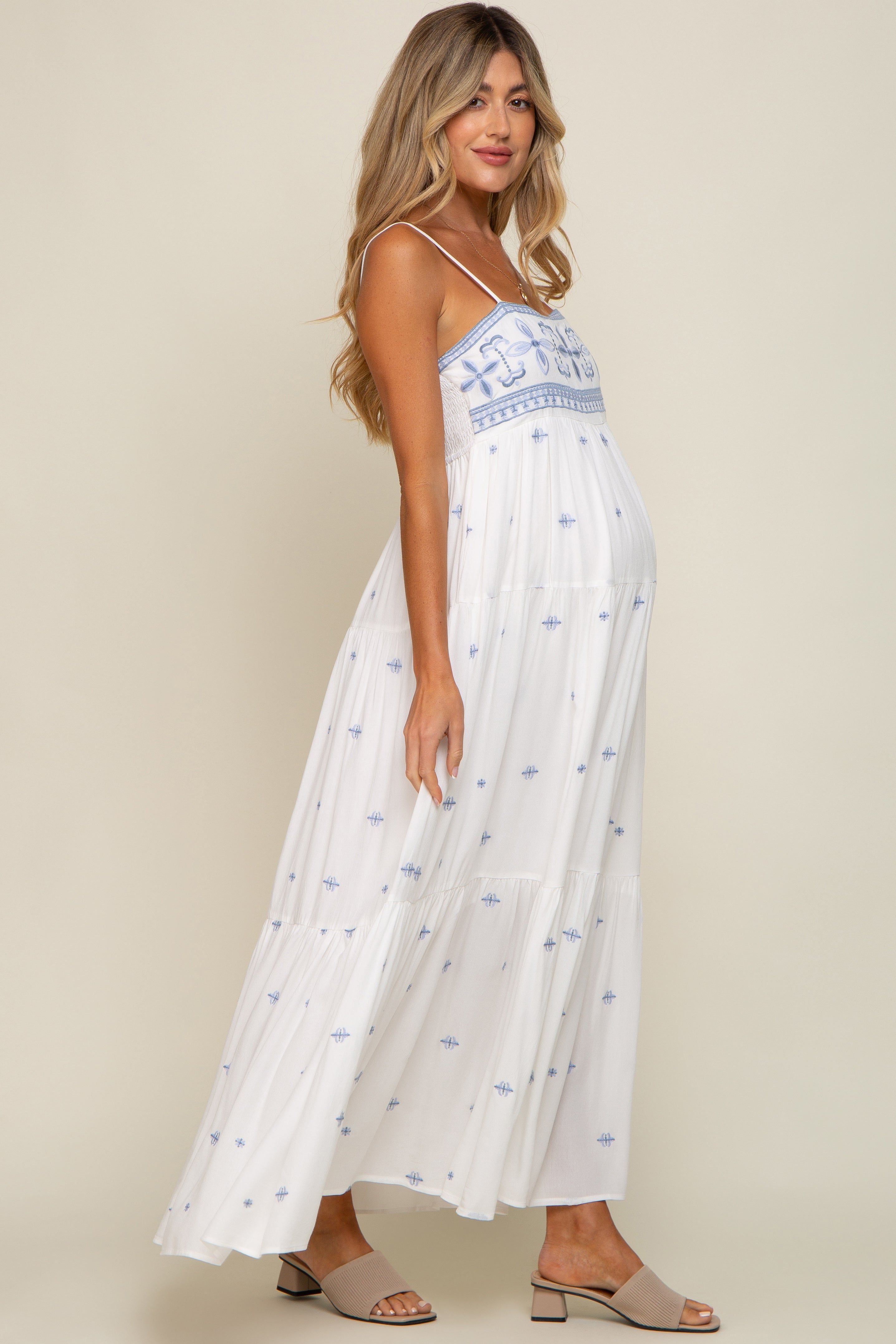 White Floral Embroidered Tiered Maternity Maxi Dress sold by Pinkblush product image thumbnail 2