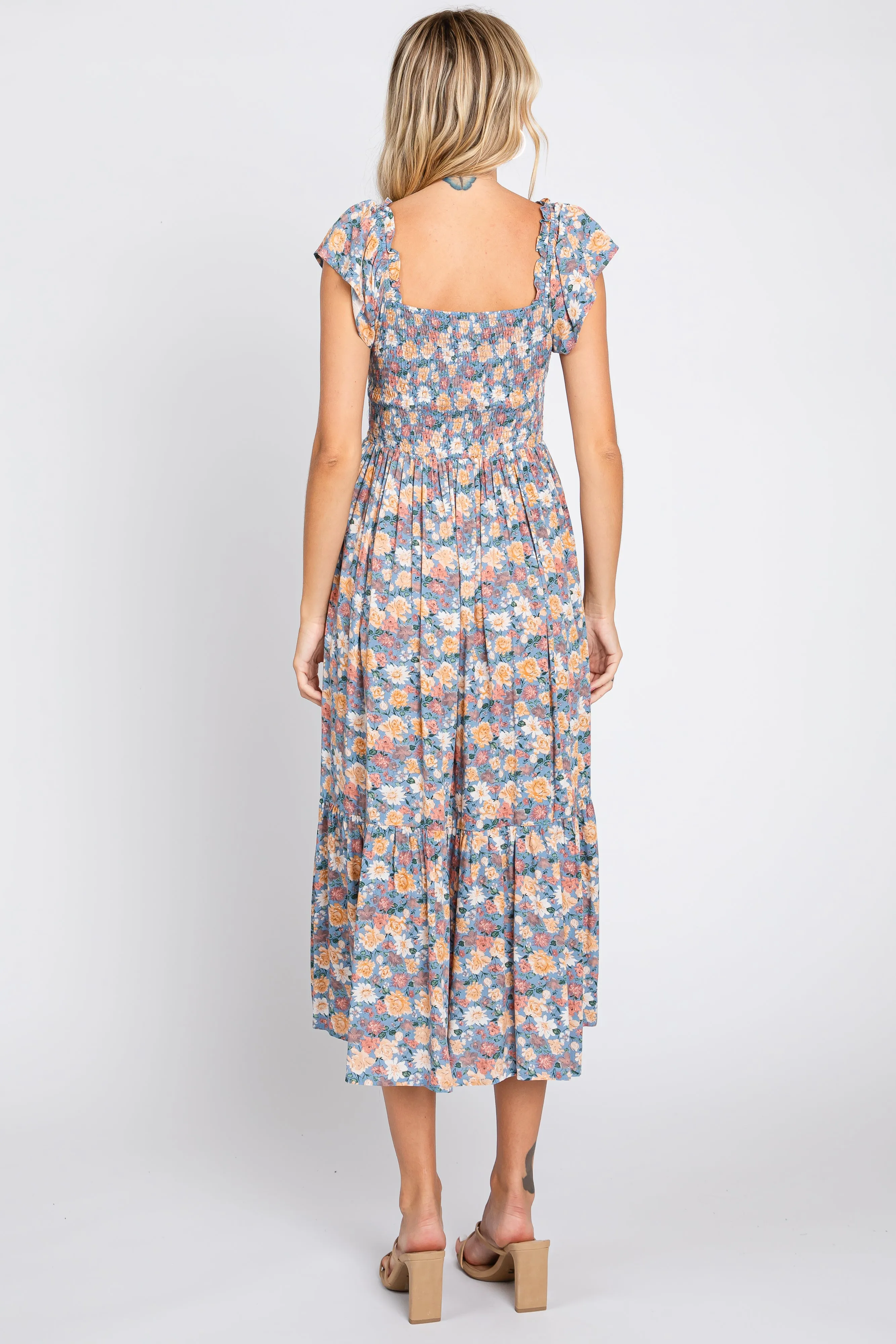 Blue Floral Off Shoulder Smocked Midi Dress sold by Pinkblush product image thumbnail 3