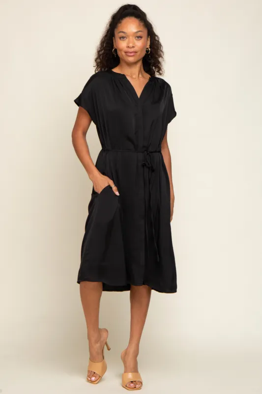Black Satin Button Front Waist Tie Midi Dress sold by Pinkblush