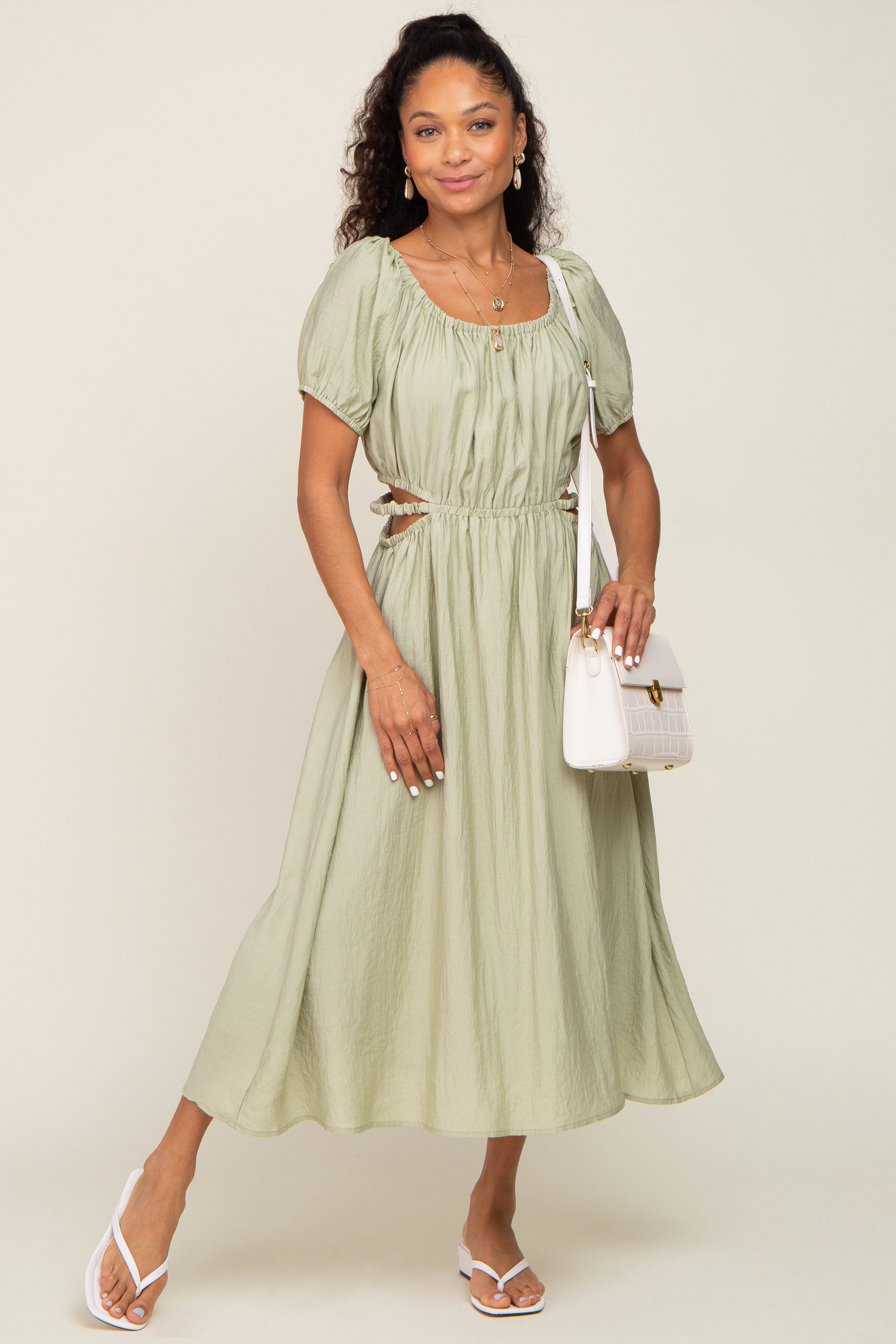 Sage Cutout Puff Sleeve Midi Dress sold by Pinkblush