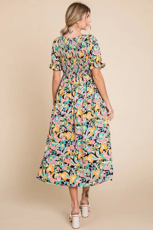 Black Floral Smocked Ruffle Short Sleeve Midi Dress sold by Pinkblush product image thumbnail 4