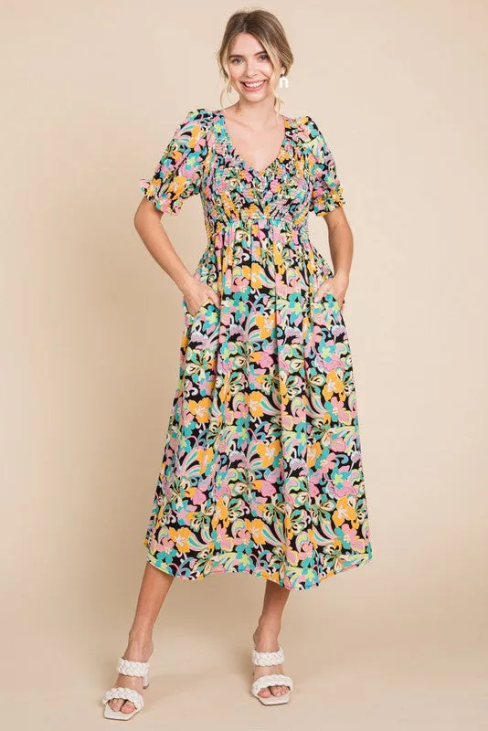 Black Floral Smocked Ruffle Short Sleeve Midi Dress sold by Pinkblush product image thumbnail 2