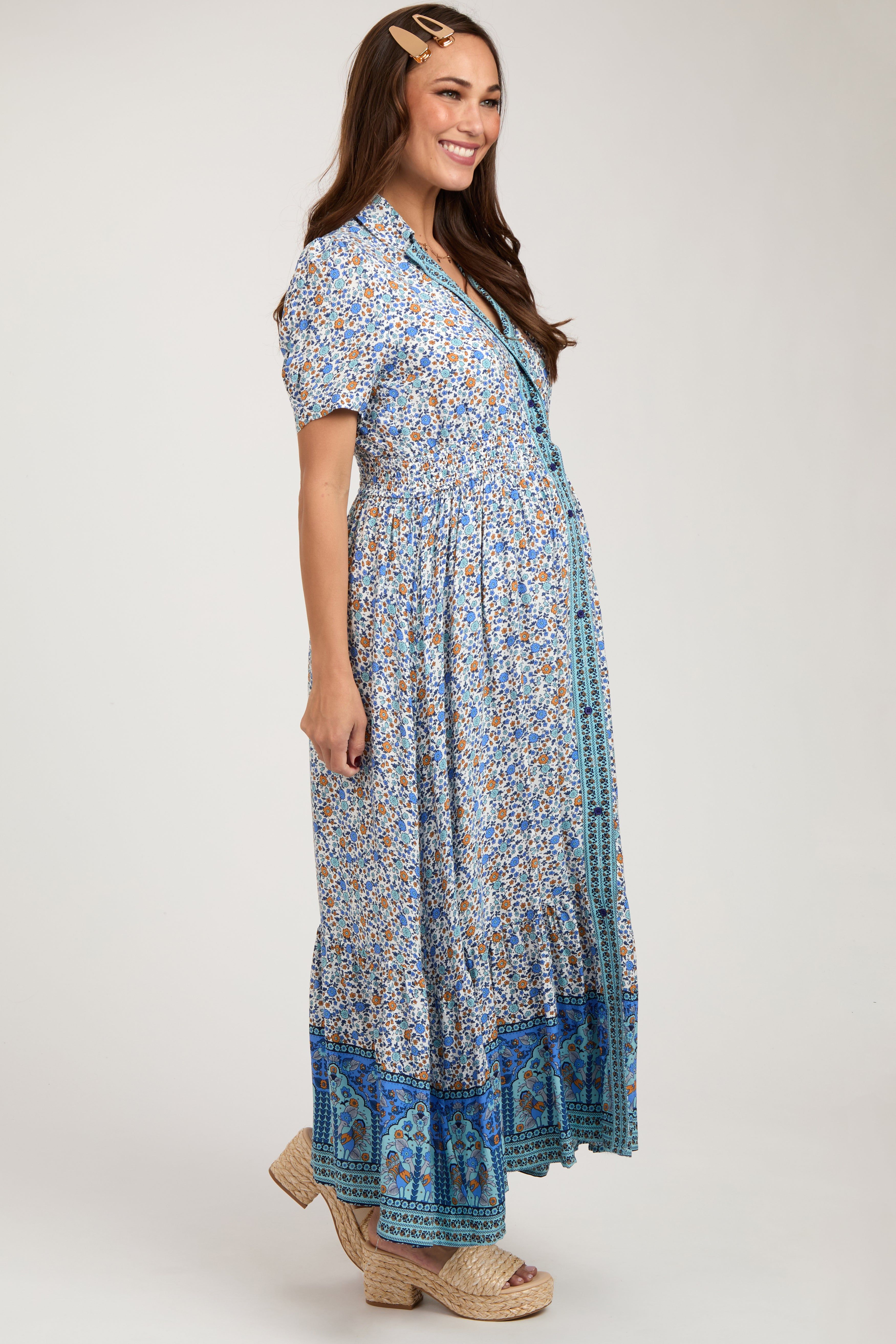 Blue Floral Button Up Maternity Midi Dress sold by Pinkblush product image thumbnail 2