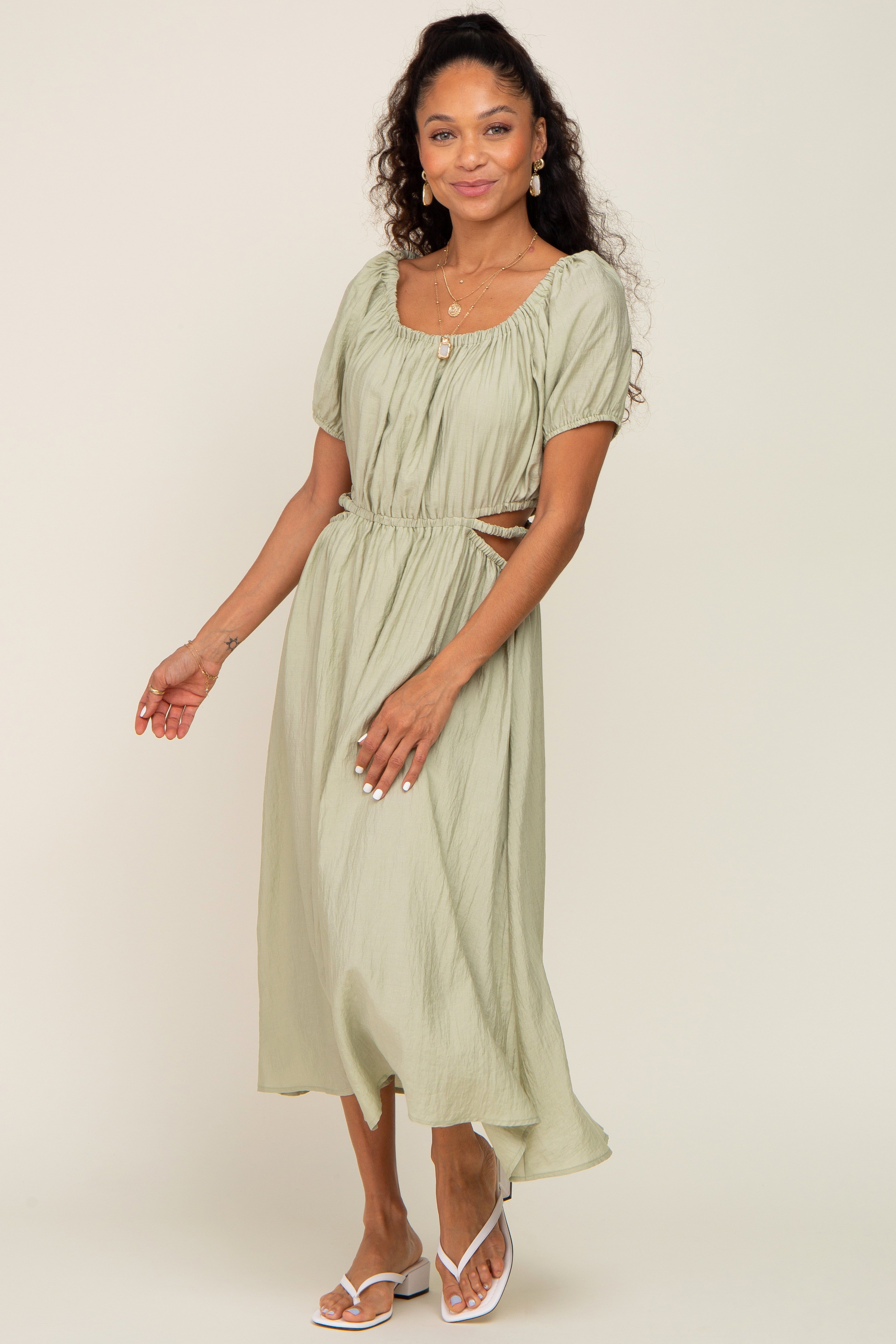 Sage Cutout Puff Sleeve Midi Dress sold by Pinkblush product image thumbnail 5