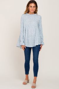 Light Blue Floral Ruffle Neck Top sold by Pinkblush