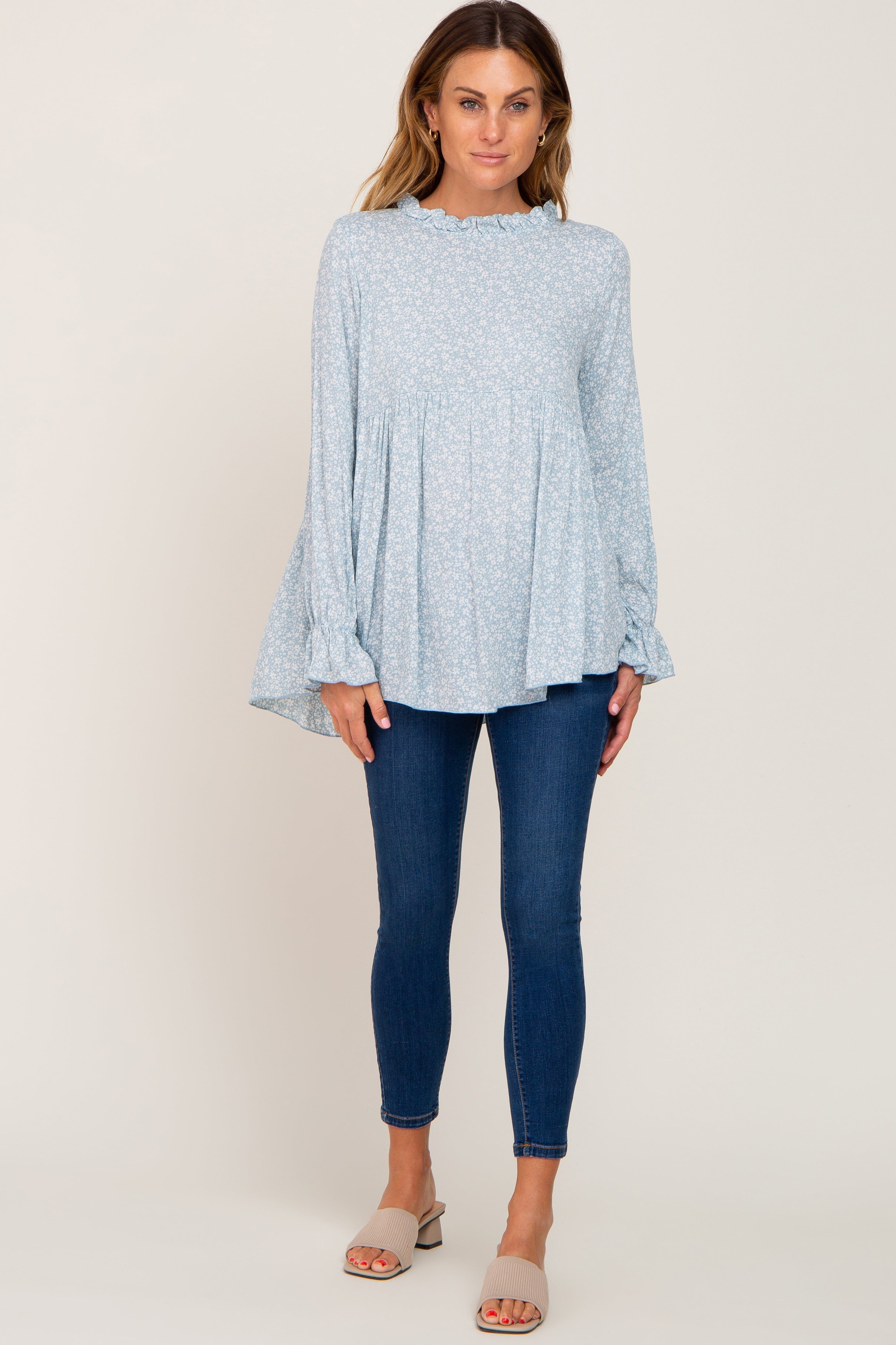 Light Blue Floral Ruffle Neck Top sold by Pinkblush product image thumbnail 4