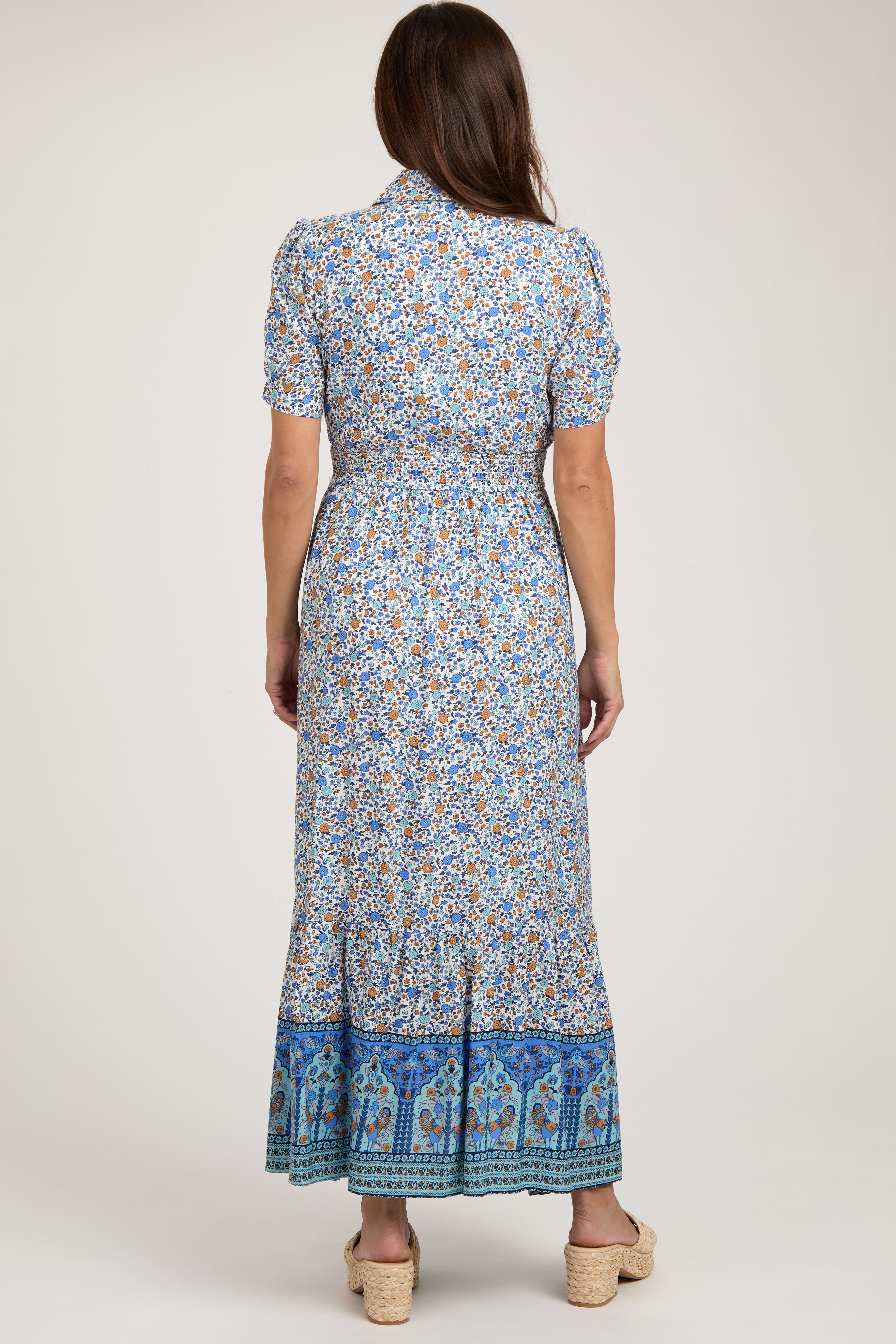 Blue Floral Button Up Maternity Midi Dress sold by Pinkblush product image thumbnail 3