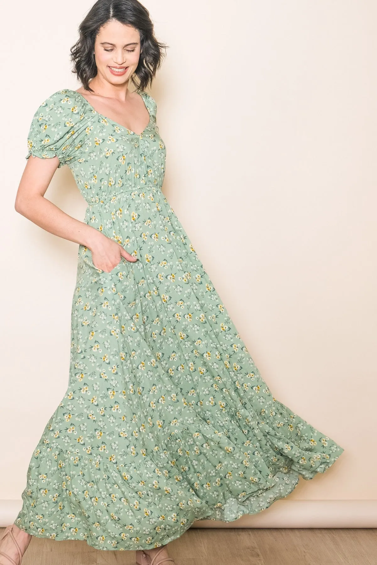 Sage Floral Short Sleeve Maxi Dress sold by Pinkblush