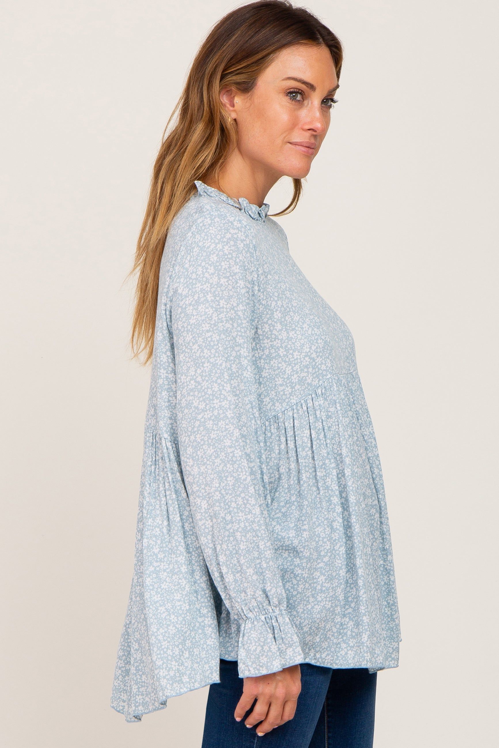 Light Blue Floral Ruffle Neck Top sold by Pinkblush product image thumbnail 2
