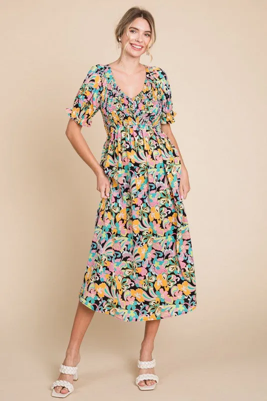 Black Floral Smocked Ruffle Short Sleeve Midi Dress sold by Pinkblush