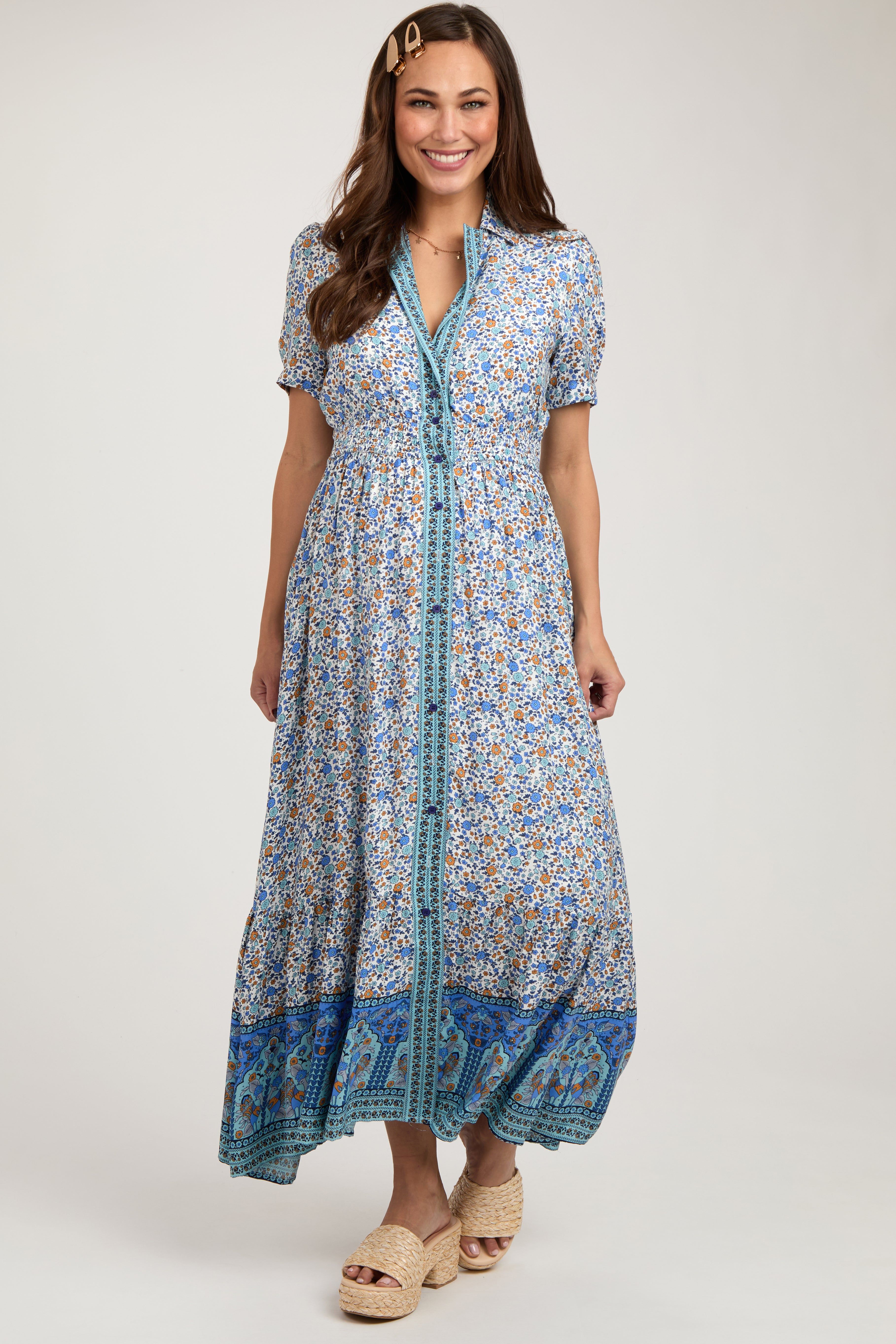 Blue Floral Button Up Maternity Midi Dress sold by Pinkblush