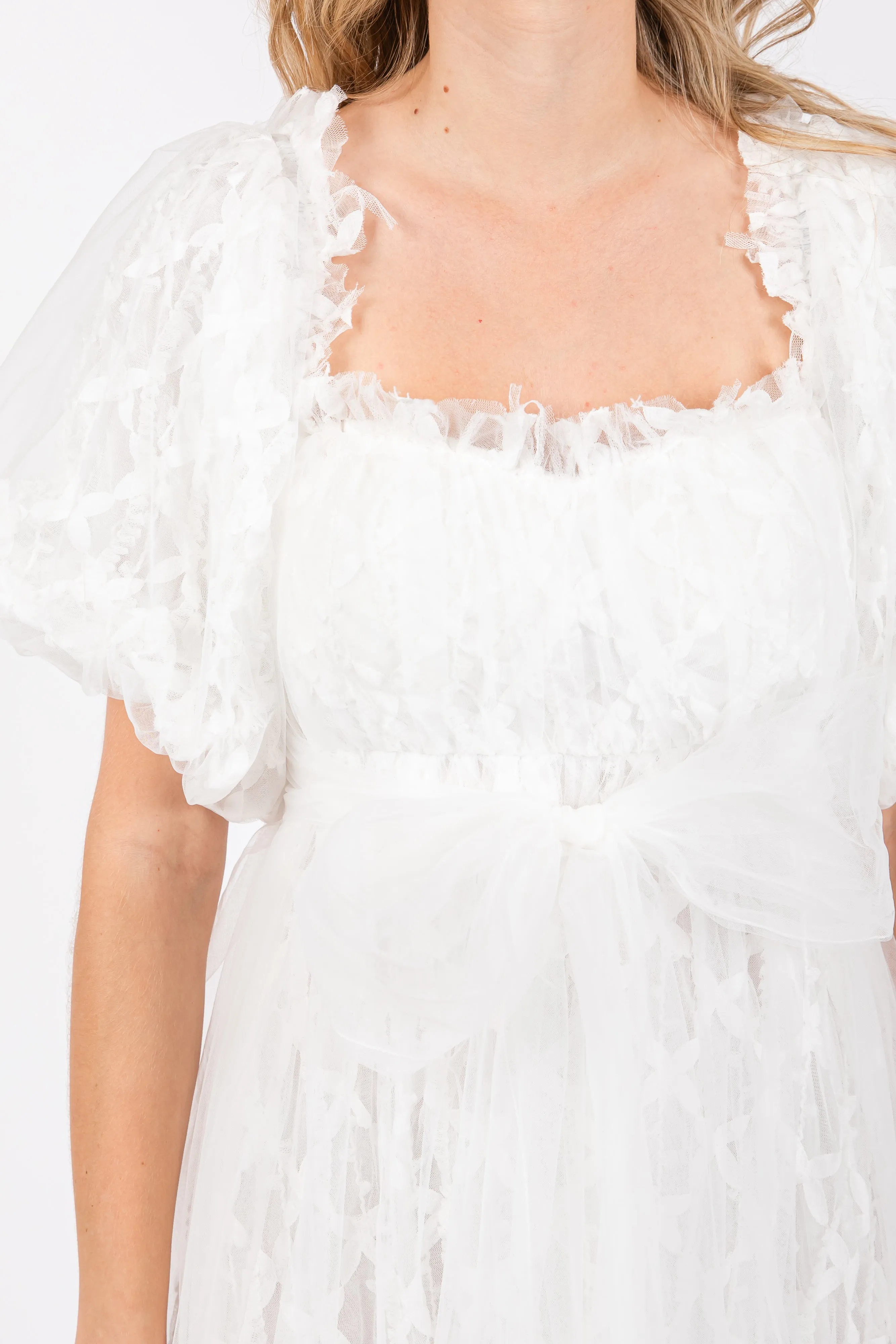 White Balloon Sleeve Embroidery Mesh Midi Dress sold by Pinkblush product image thumbnail 4