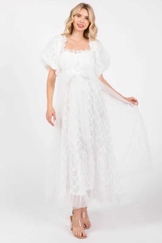 White Balloon Sleeve Embroidery Mesh Midi Dress sold by Pinkblush