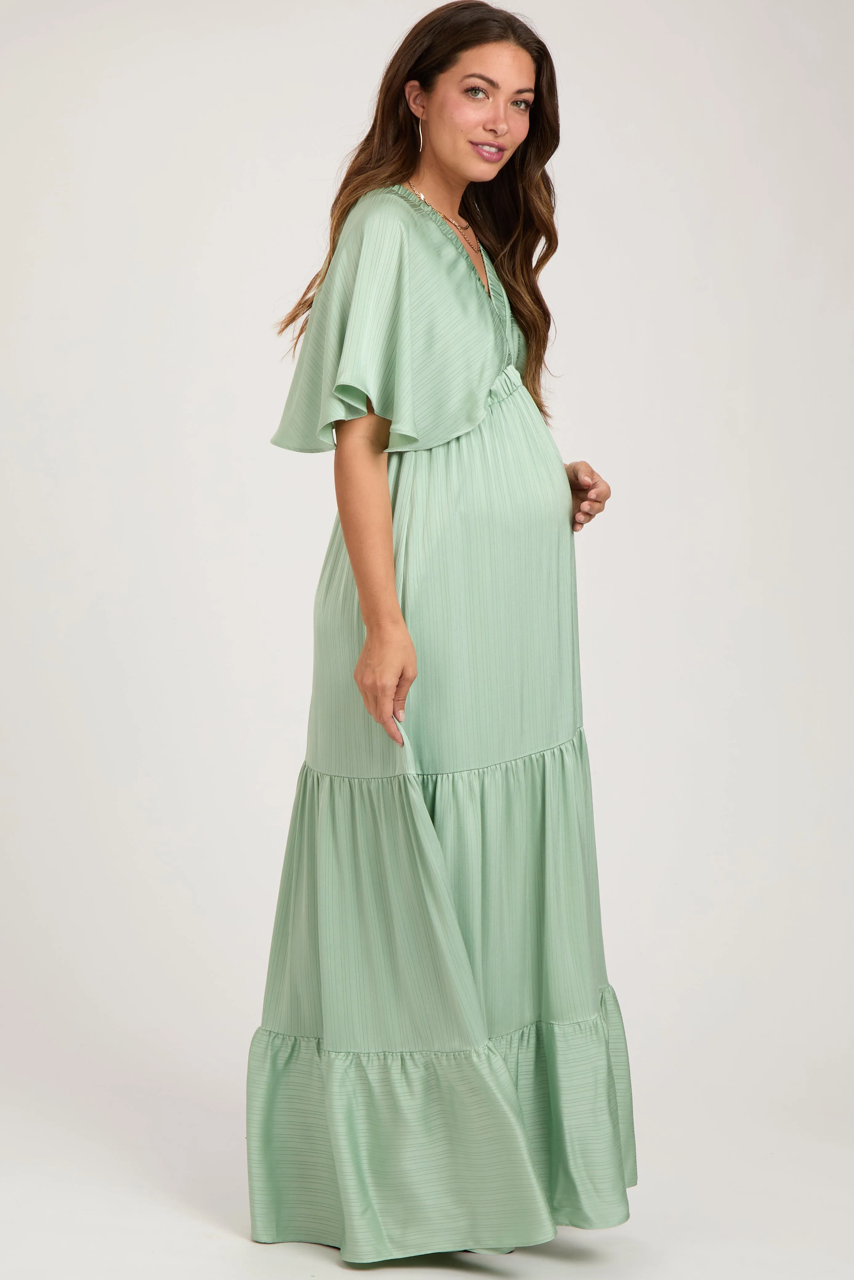 Mint V-Neck Flutter Sleeve Tiered Maternity Maxi Dress sold by Pinkblush product image thumbnail 3