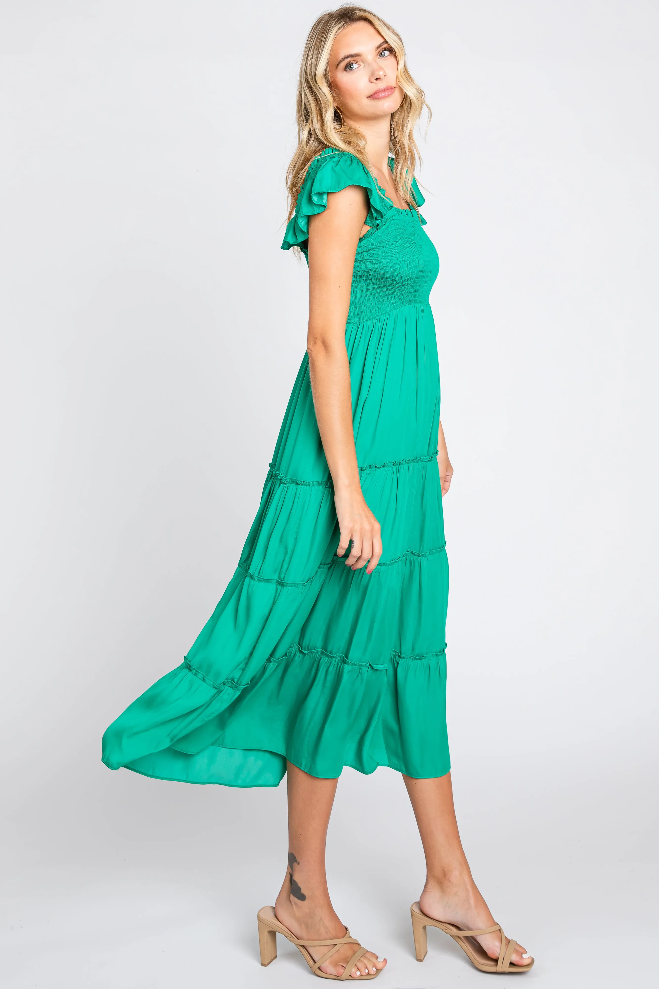 Green Satin Square Ruffle Neck Smocked Sleeveless Midi Dress sold by Pinkblush product image thumbnail 2