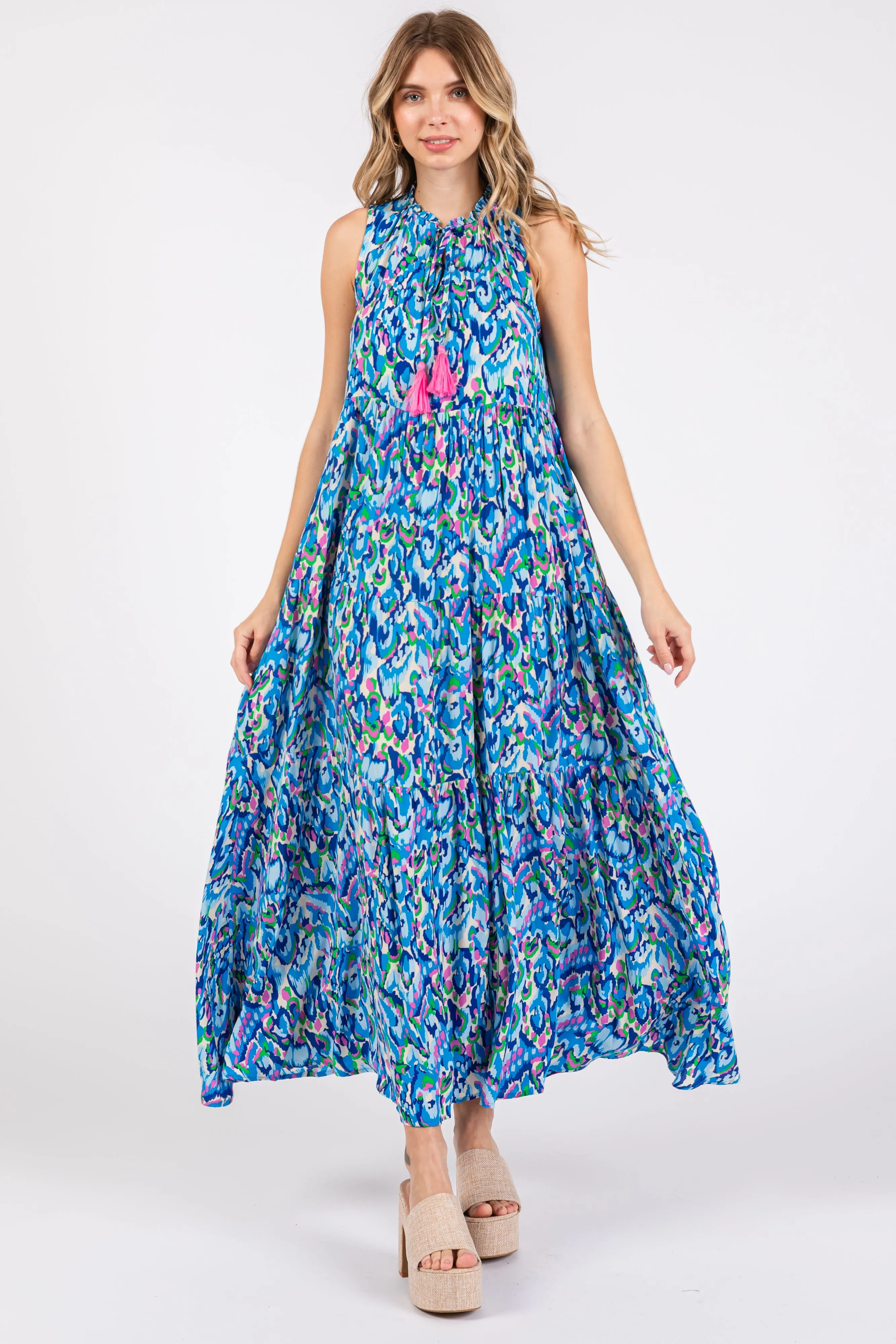 Blue Sleeveless V-Neck Ruffle Neck Tiered Maxi Dress sold by Pinkblush product image thumbnail 2
