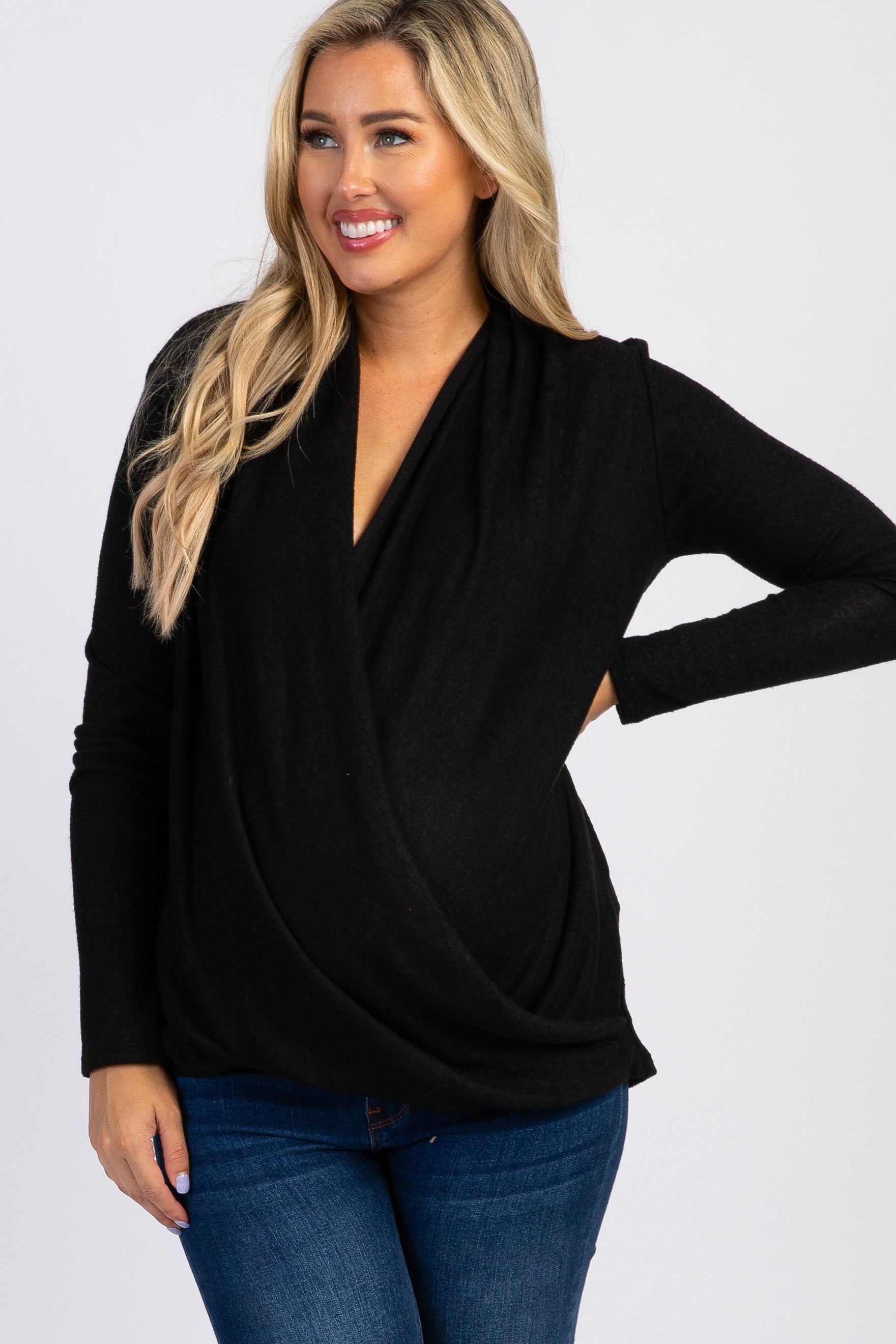 PinkBlush Black Knit Draped Wrap V-Neck Maternity Nursing Top sold by Pinkblush