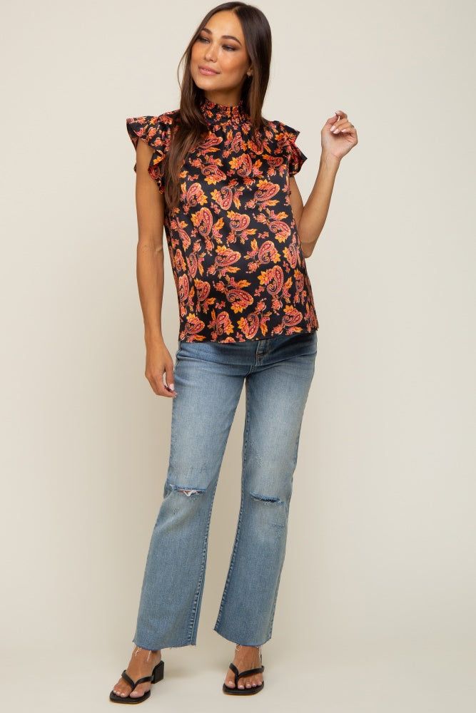 Black Paisley Satin Smocked Neck Maternity Blouse sold by Pinkblush product image thumbnail 4