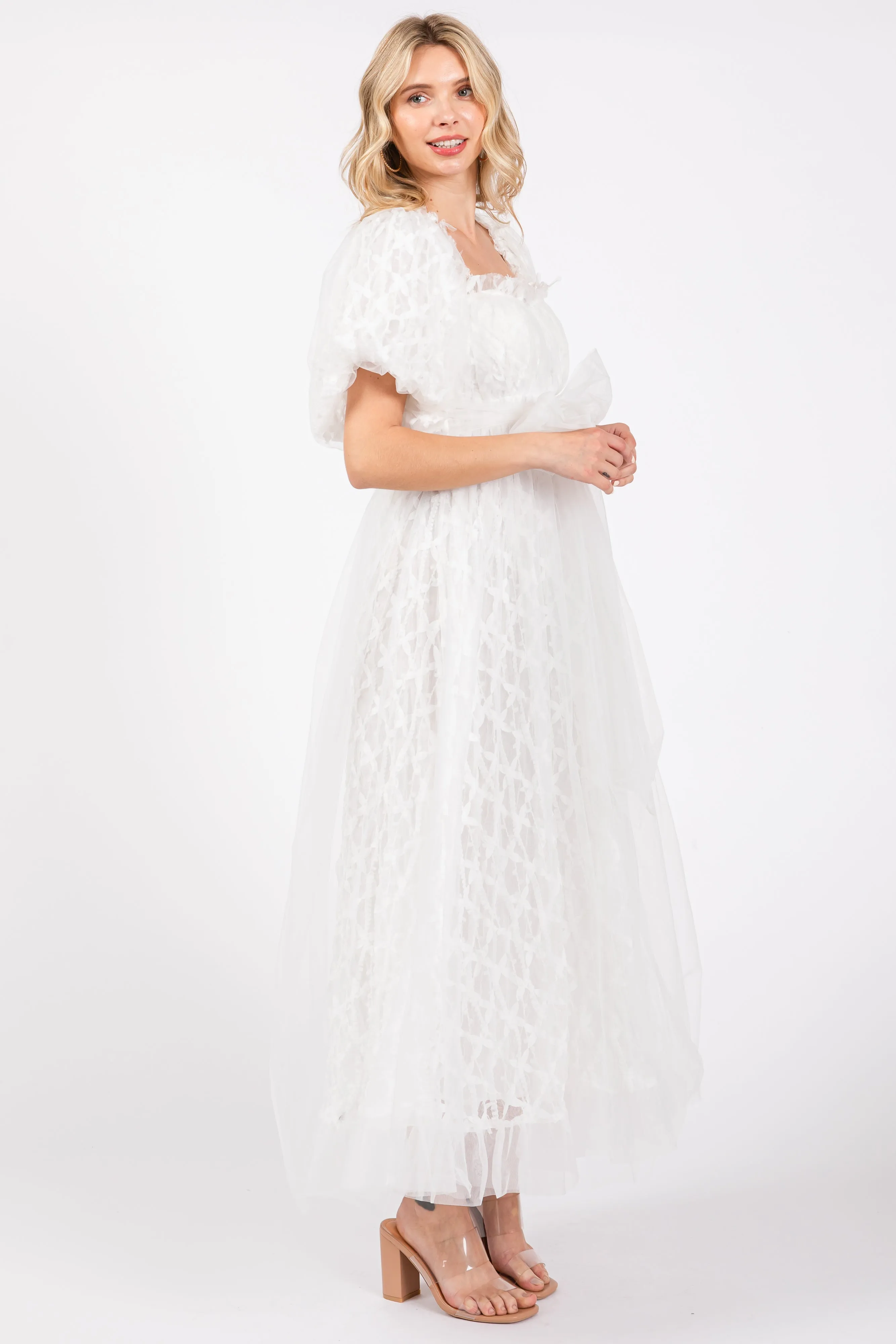 White Balloon Sleeve Embroidery Mesh Midi Dress sold by Pinkblush product image thumbnail 2