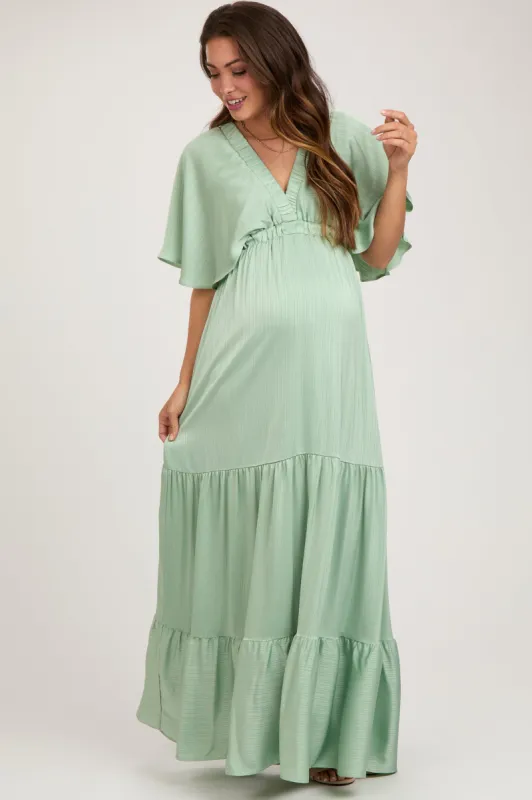 Mint V-Neck Flutter Sleeve Tiered Maternity Maxi Dress sold by Pinkblush