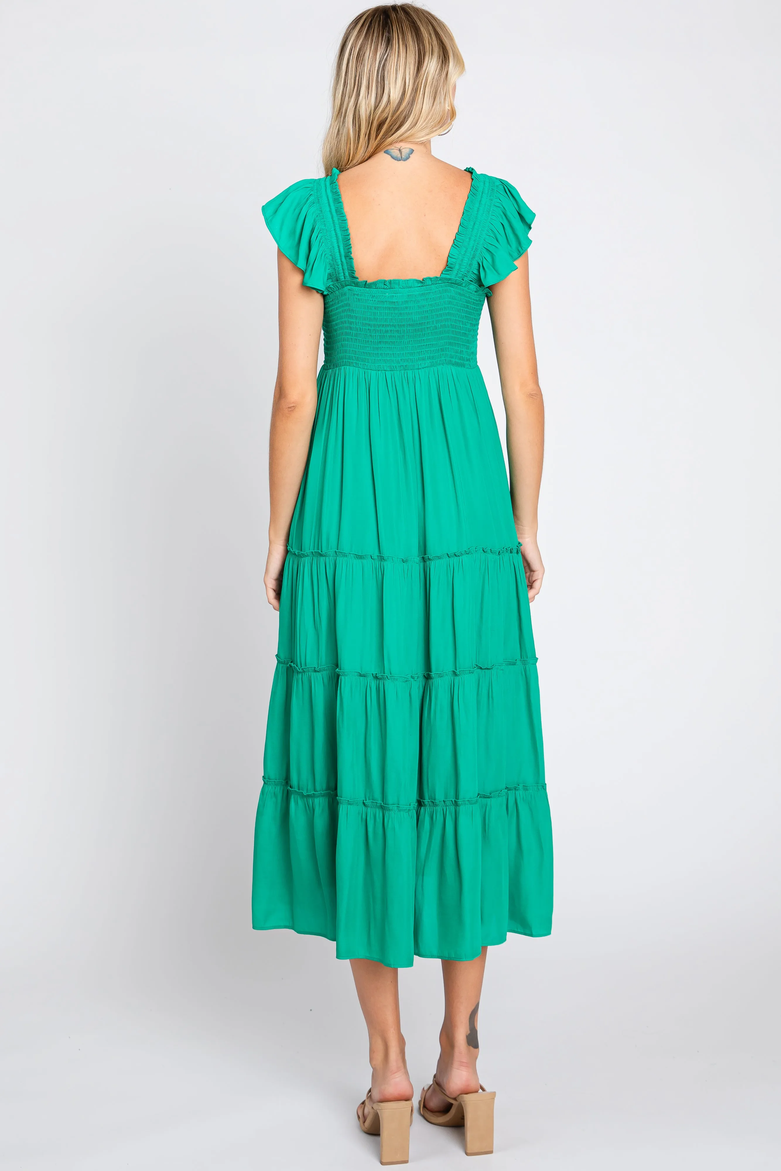 Green Satin Square Ruffle Neck Smocked Sleeveless Midi Dress sold by Pinkblush product image thumbnail 3