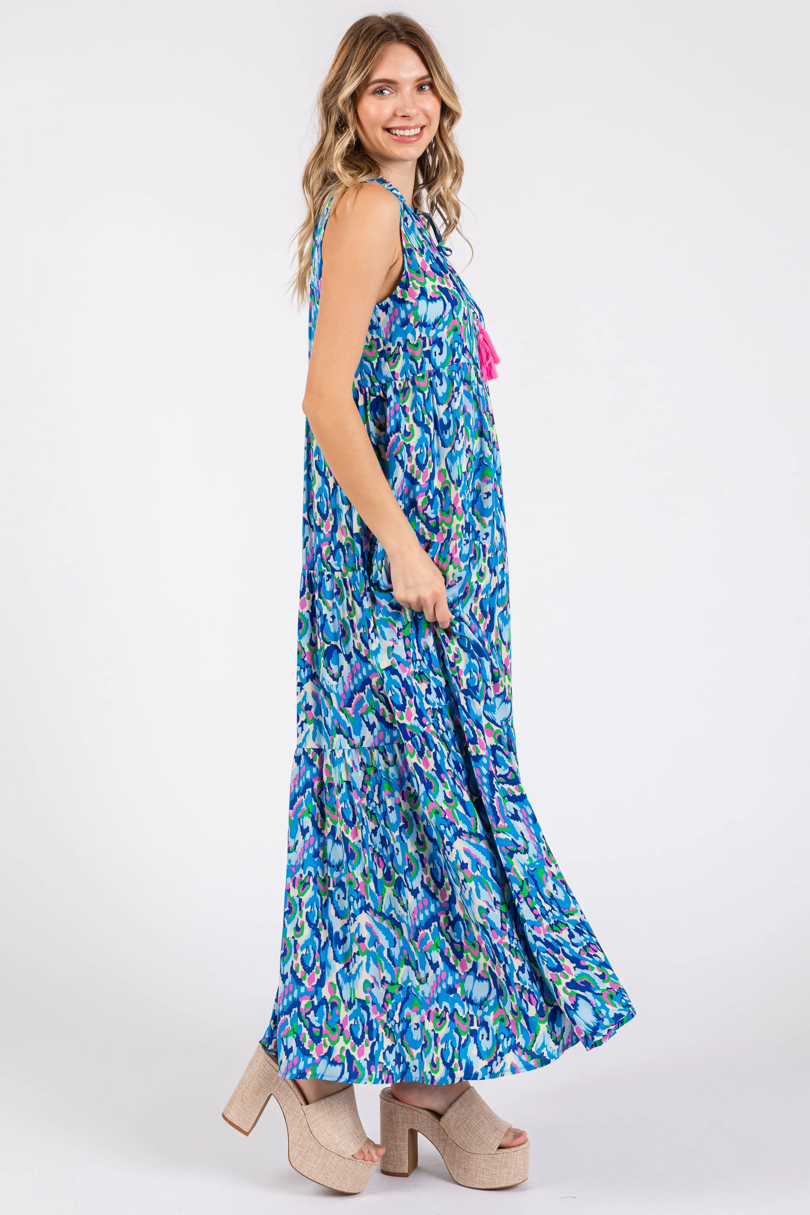 Blue Sleeveless V-Neck Ruffle Neck Tiered Maxi Dress sold by Pinkblush product image thumbnail 3