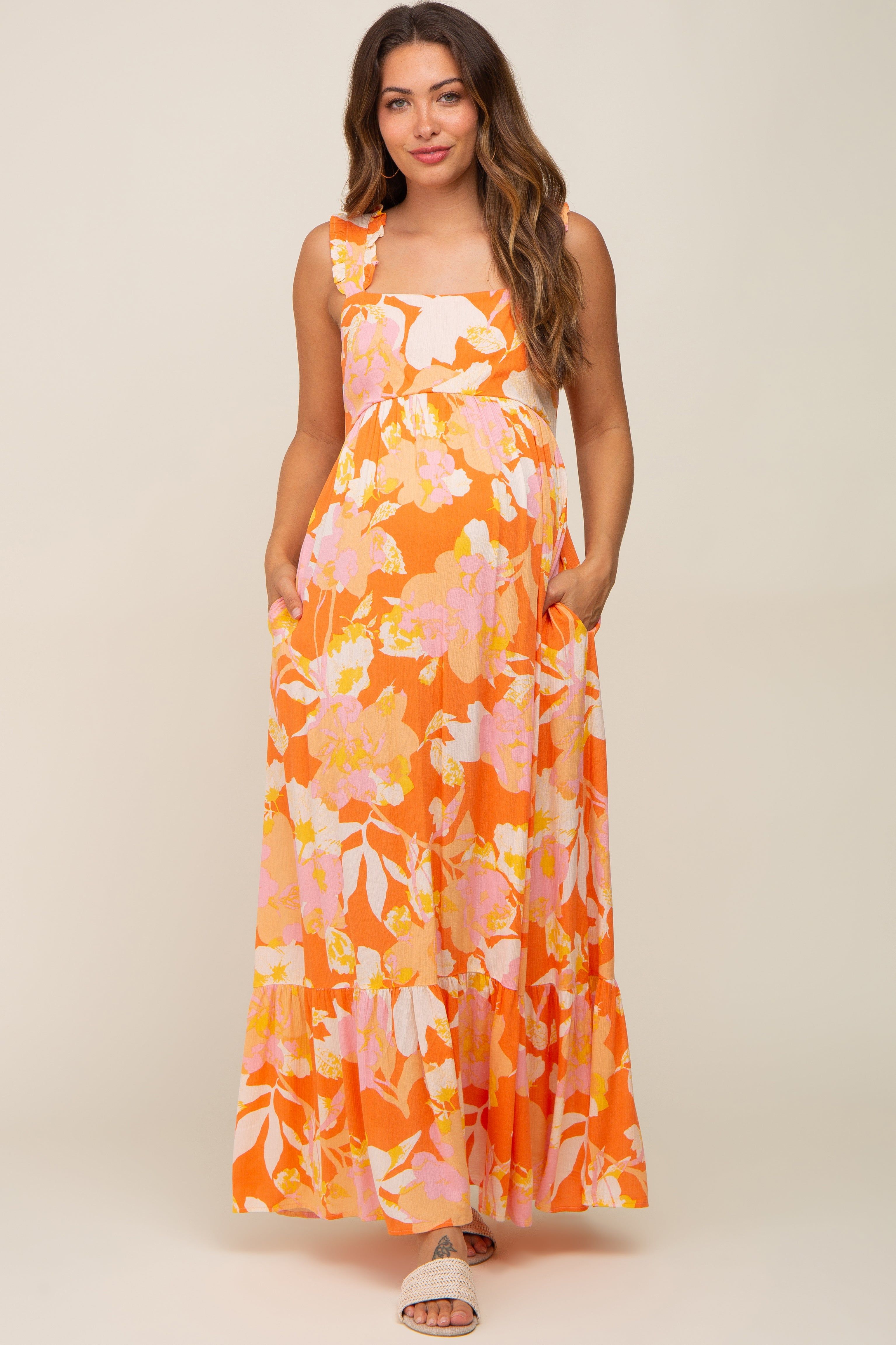 Orange Floral Sleeveless Maternity Maxi Dress sold by Pinkblush product image thumbnail 4