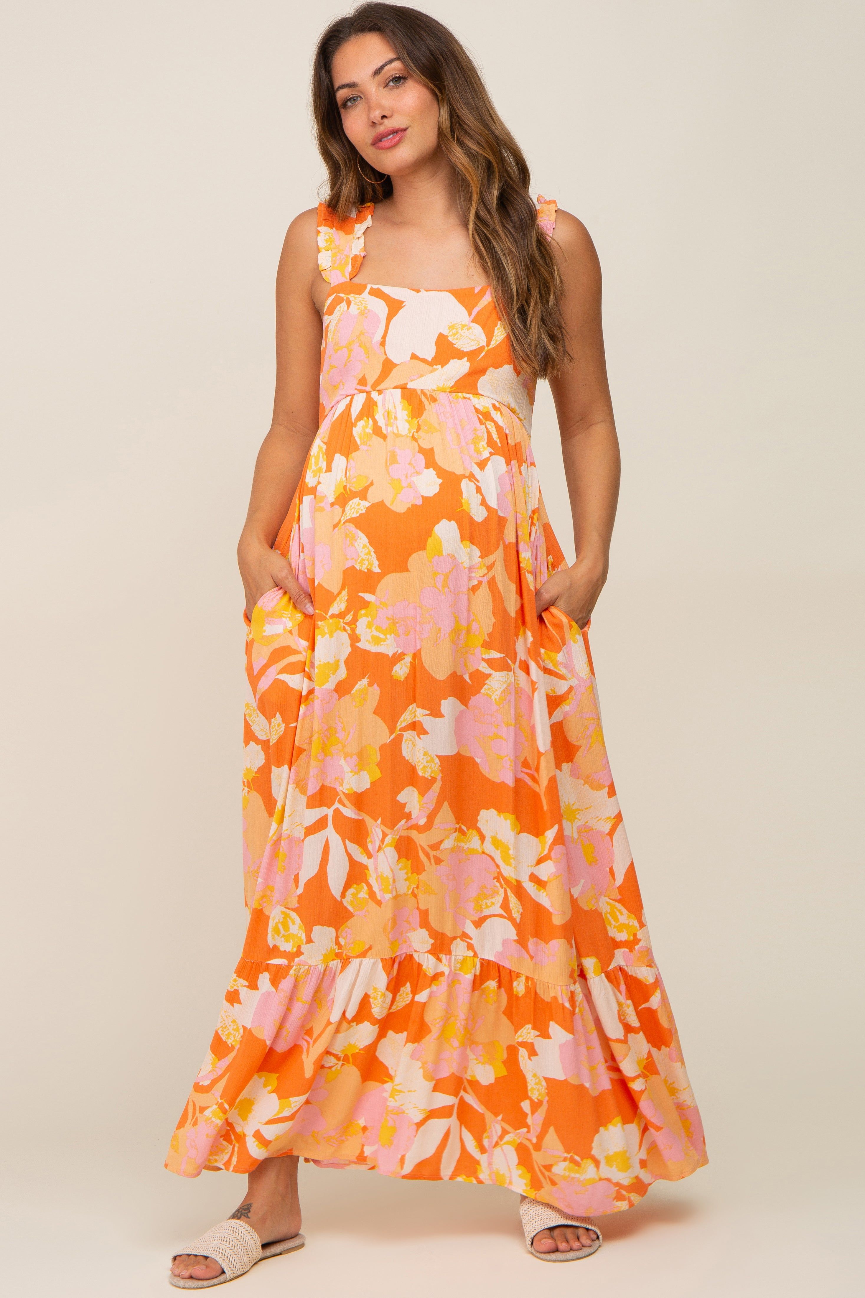 Orange Floral Sleeveless Maternity Maxi Dress sold by Pinkblush