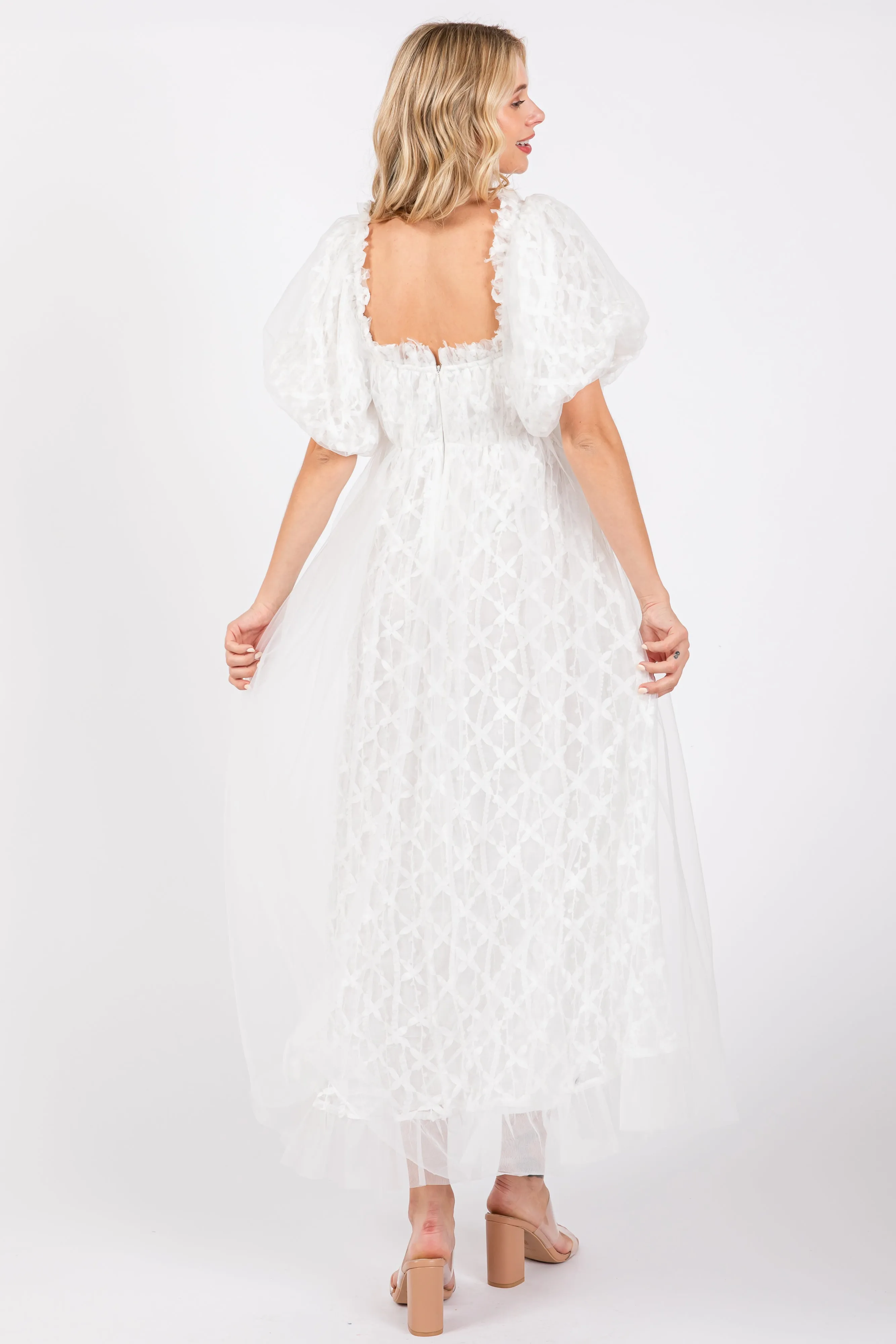 White Balloon Sleeve Embroidery Mesh Midi Dress sold by Pinkblush product image thumbnail 3