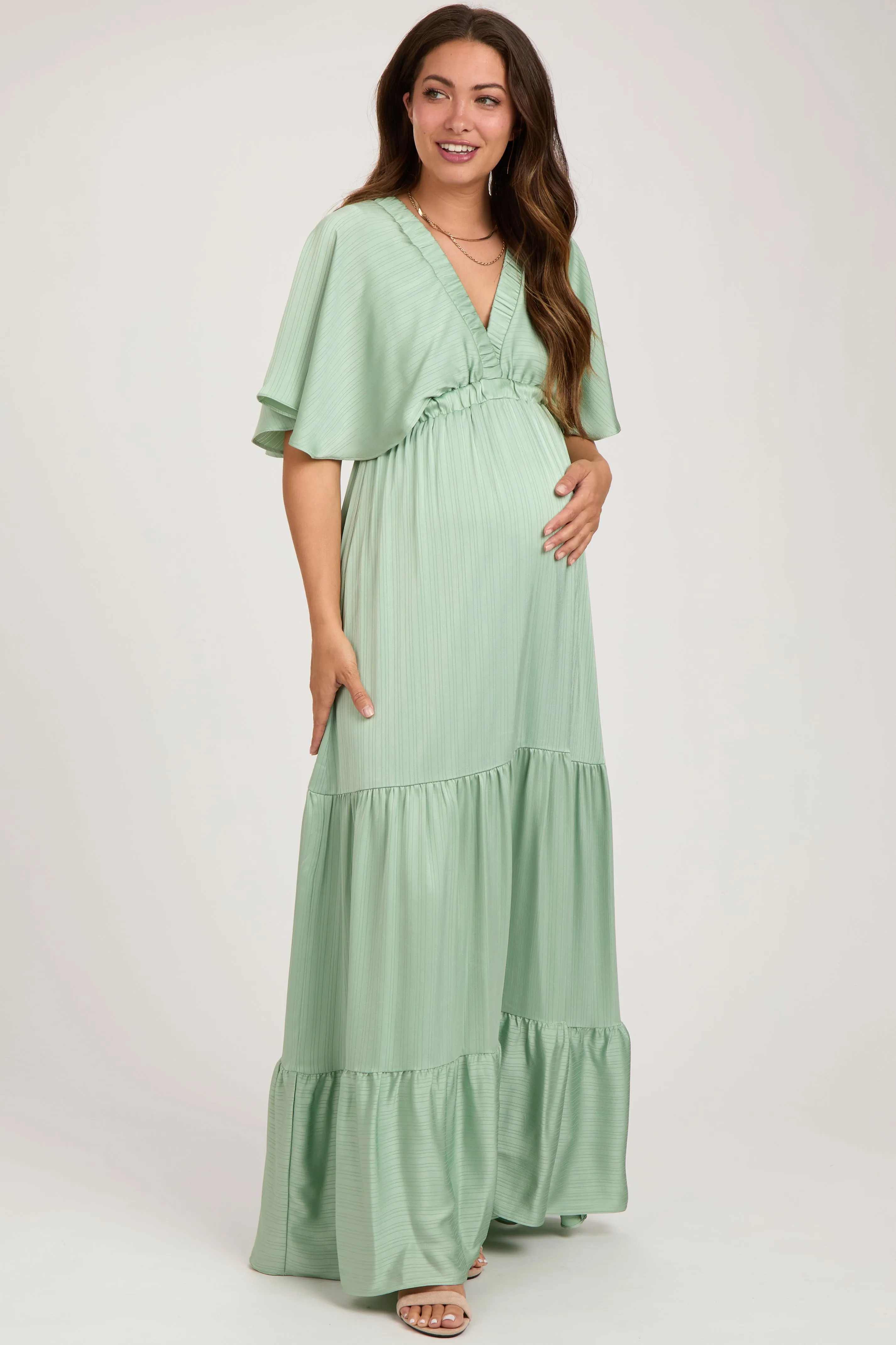 Mint V-Neck Flutter Sleeve Tiered Maternity Maxi Dress sold by Pinkblush product image thumbnail 2