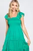 Green Satin Square Ruffle Neck Smocked Sleeveless Midi Dress sold by Pinkblush