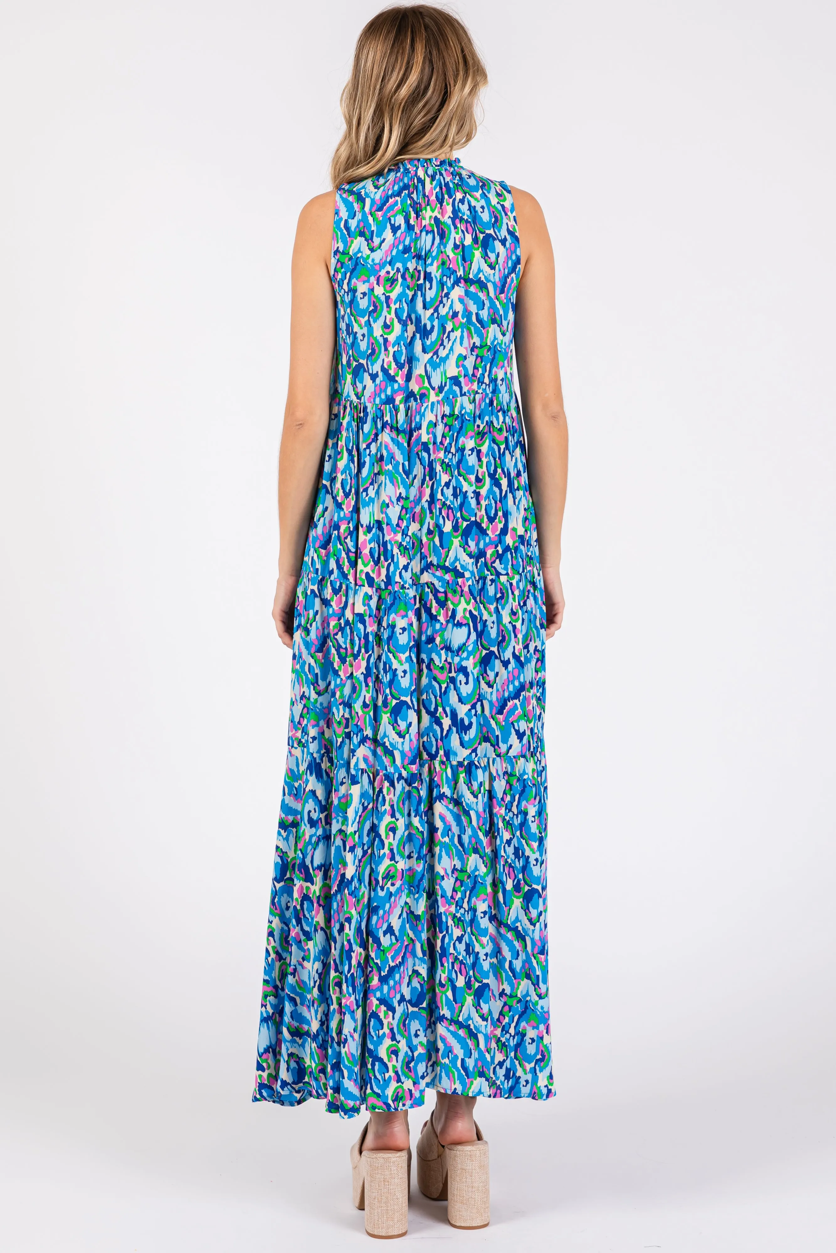 Blue Sleeveless V-Neck Ruffle Neck Tiered Maxi Dress sold by Pinkblush product image thumbnail 4