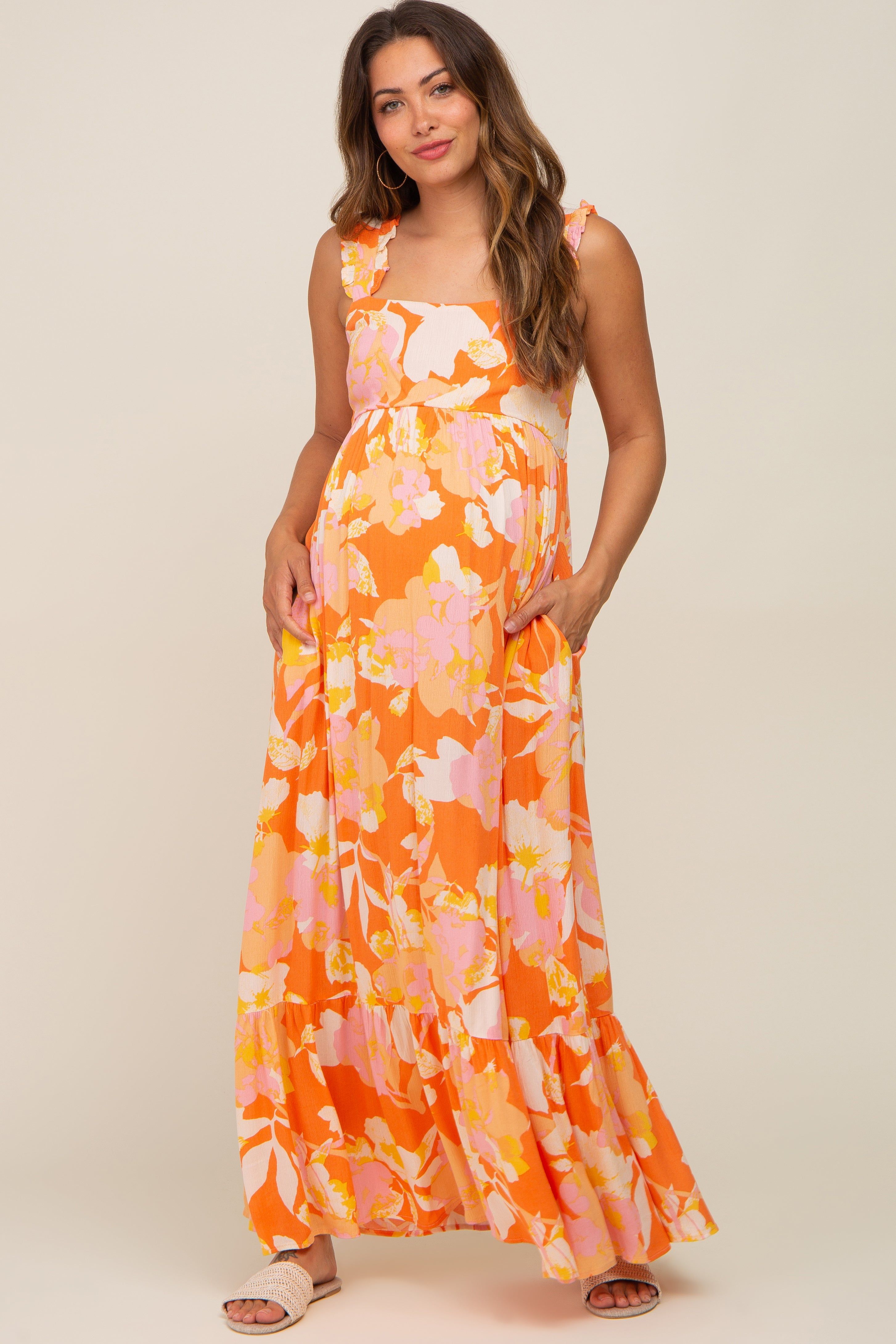 Orange Floral Sleeveless Maternity Maxi Dress sold by Pinkblush product image thumbnail 5
