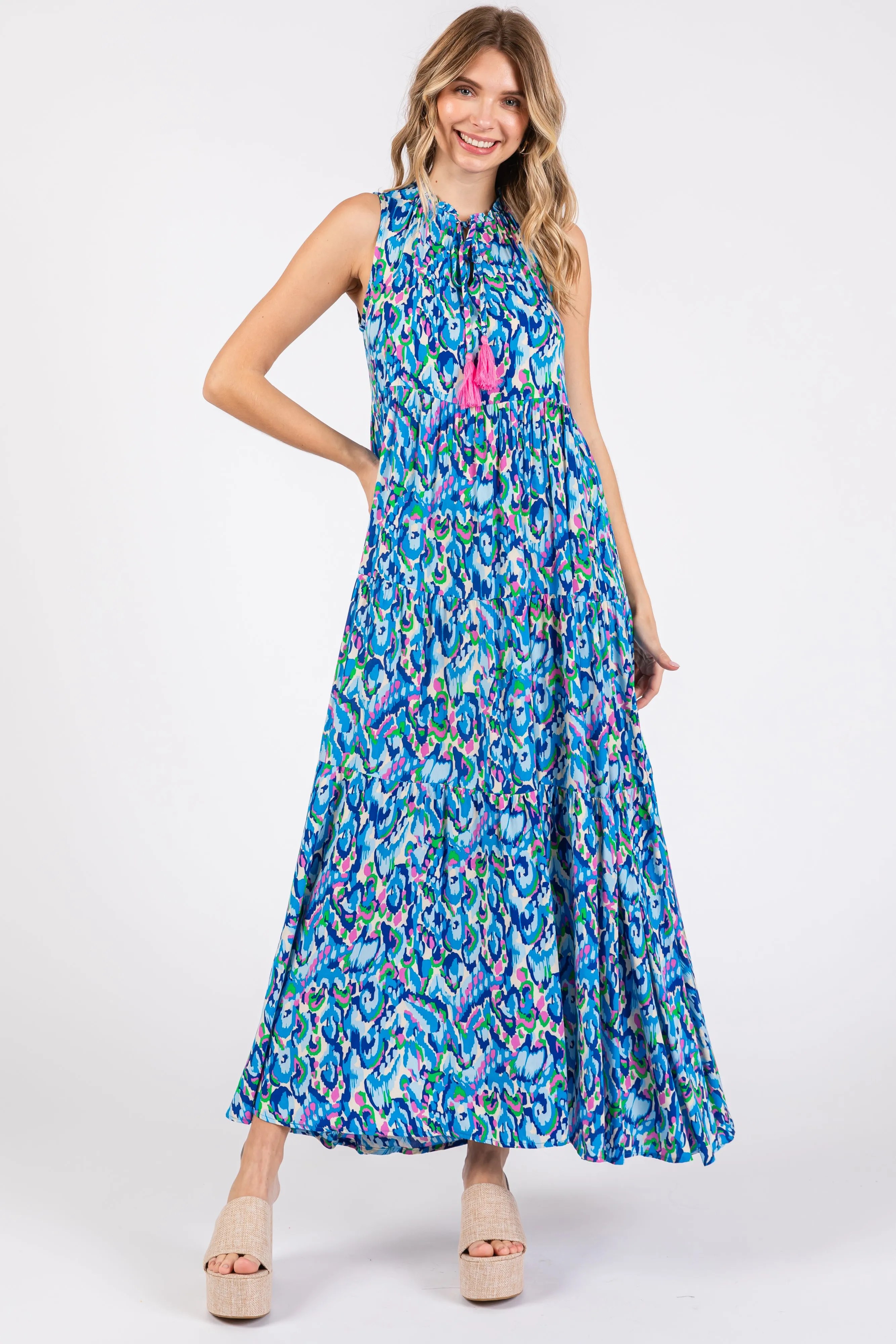 Blue Sleeveless V-Neck Ruffle Neck Tiered Maxi Dress sold by Pinkblush