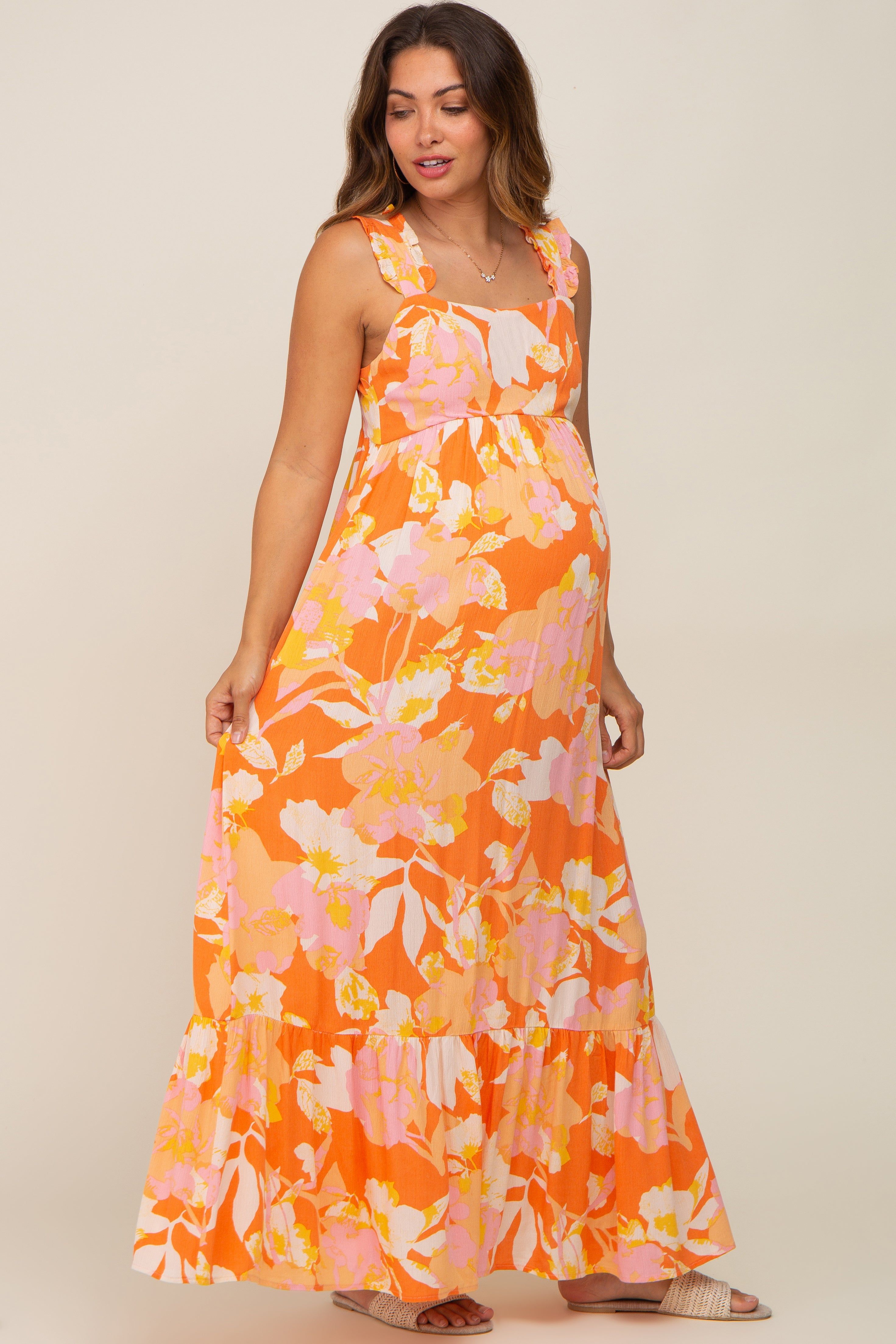 Orange Floral Sleeveless Maternity Maxi Dress sold by Pinkblush product image thumbnail 2