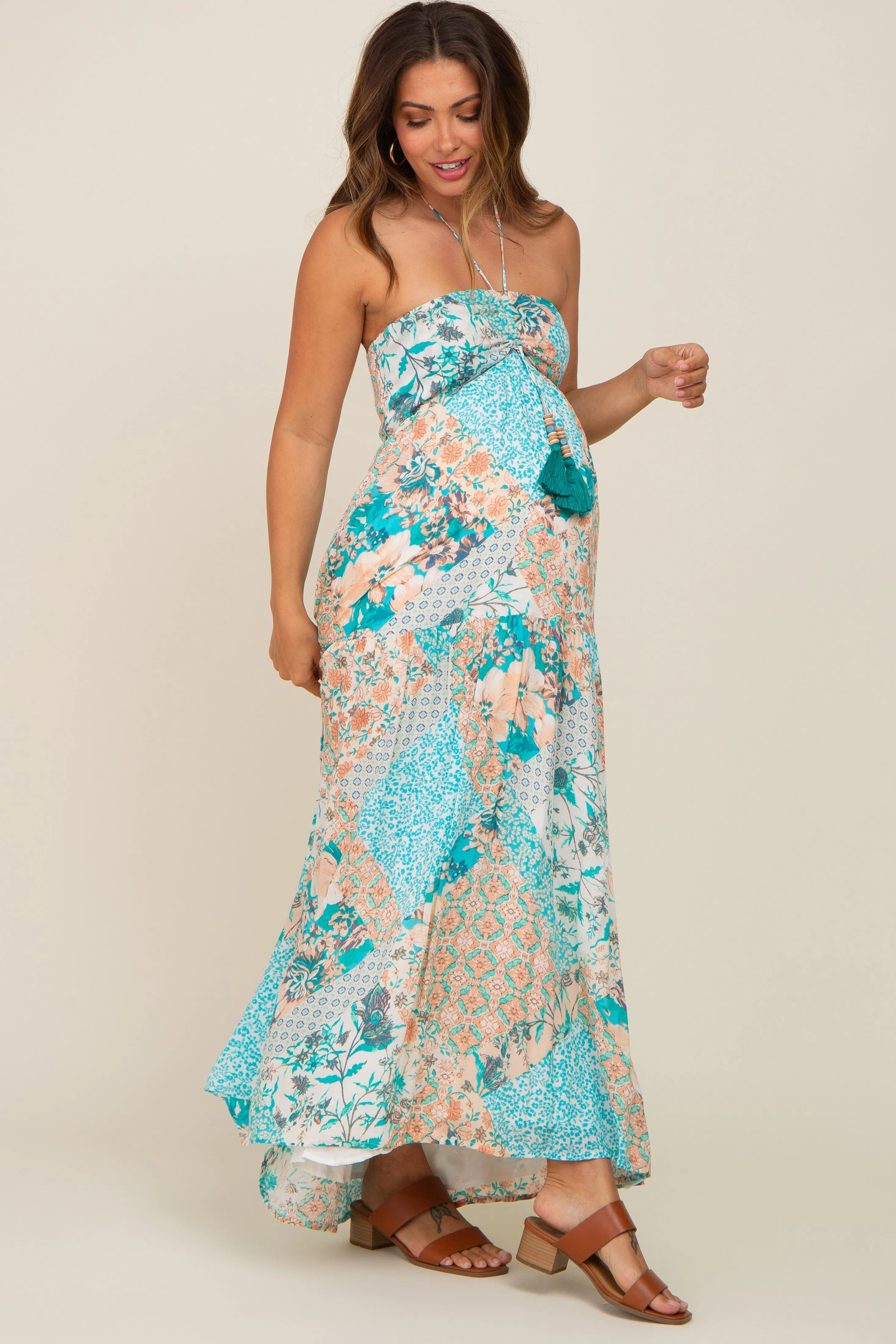 Jade Floral Halter Front Tie Maternity Maxi Dress sold by Pinkblush product image thumbnail 2