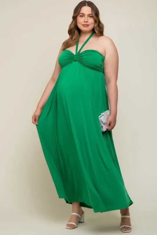 Green Front Knot Halter Maternity Plus Maxi Dress sold by Pinkblush