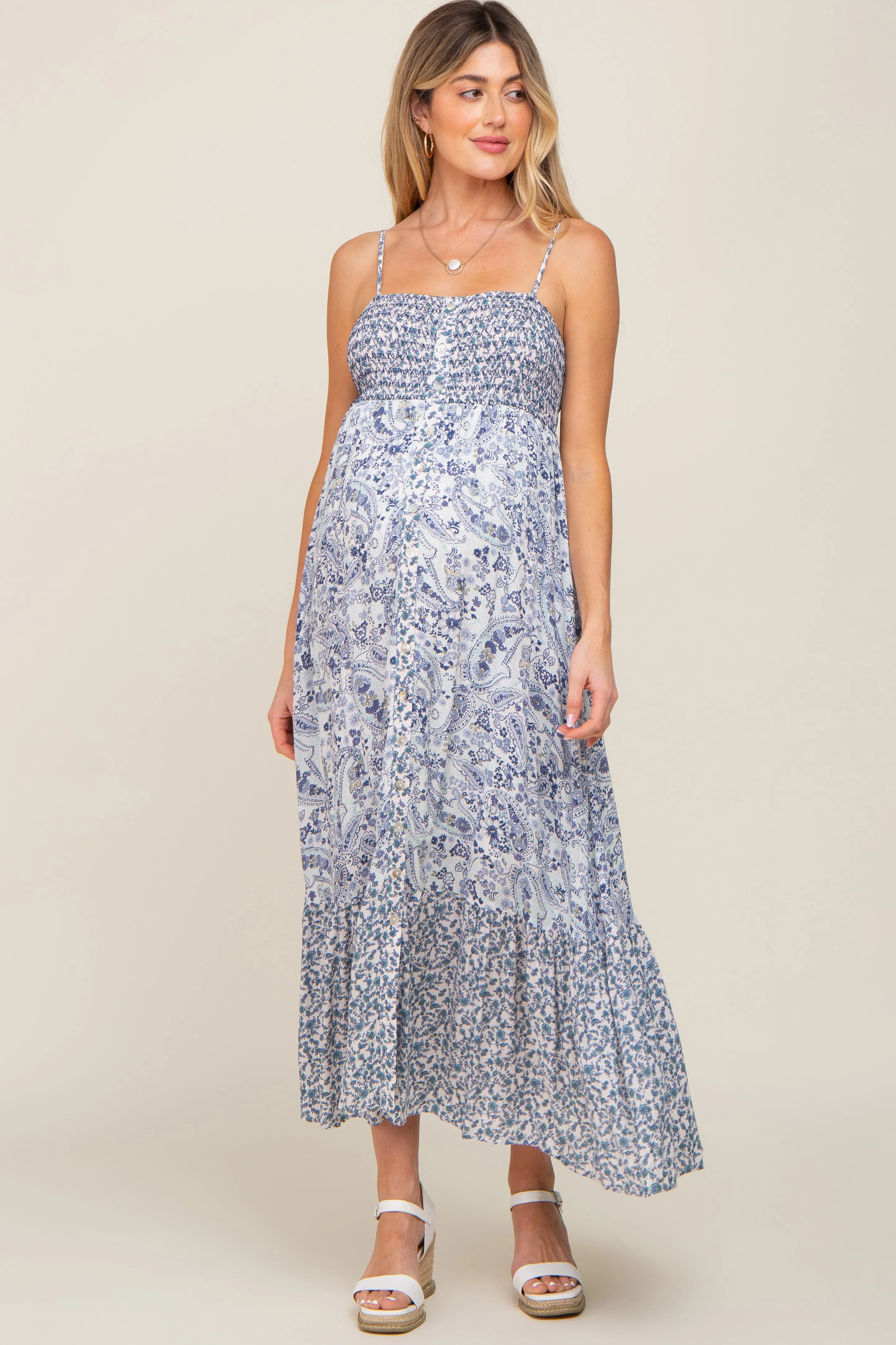Blue Floral Paisley Smocked Button Front Maternity Maxi Dress sold by Pinkblush product image thumbnail 4