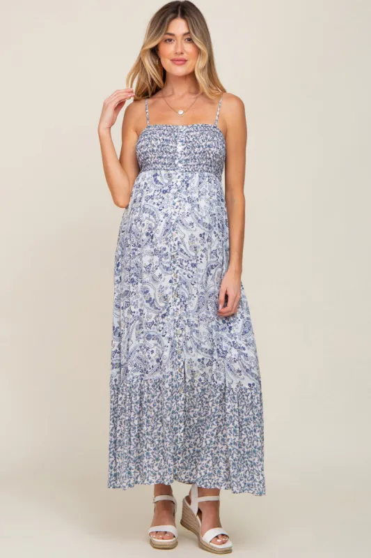 Blue Floral Paisley Smocked Button Front Maternity Maxi Dress sold by Pinkblush