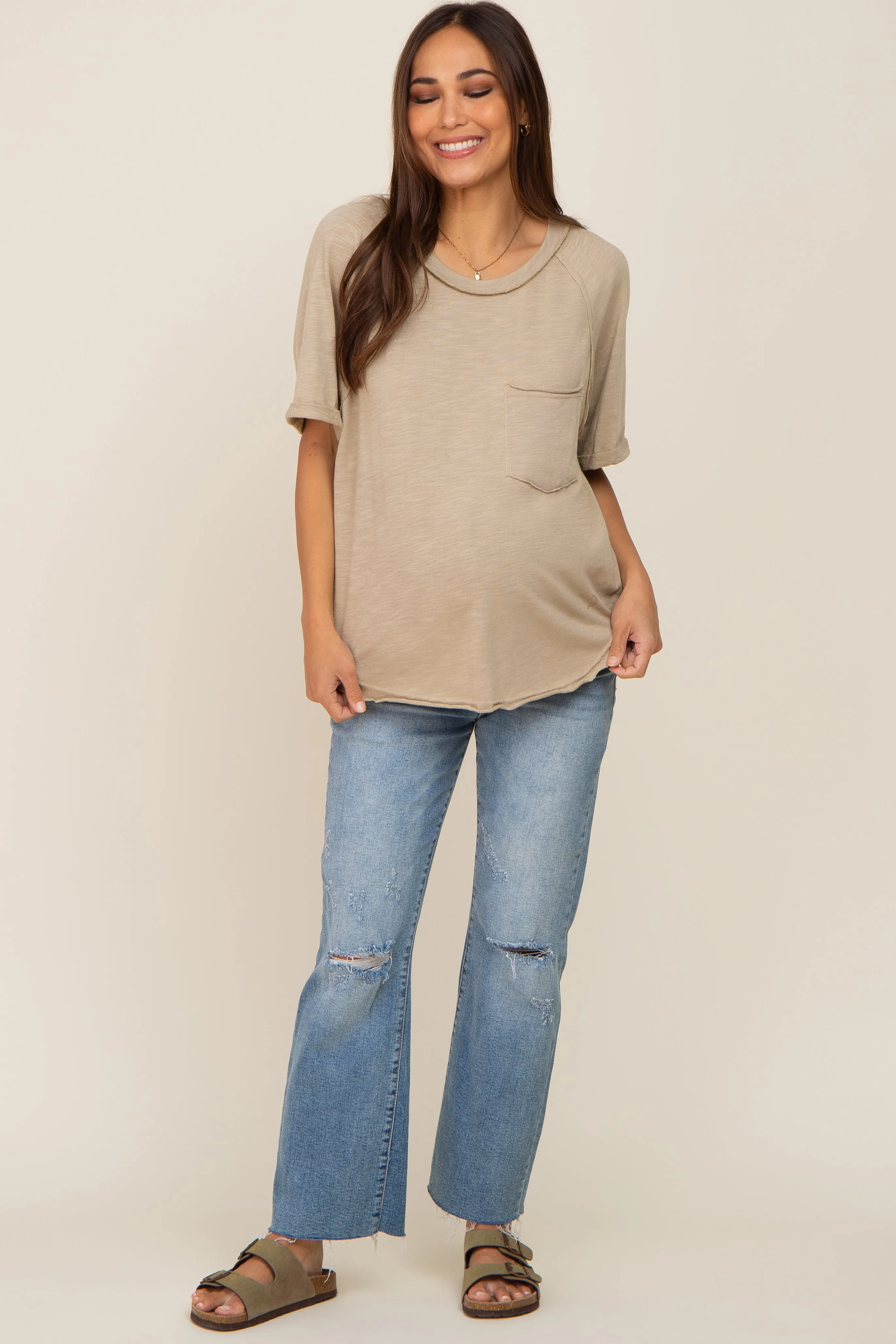 Taupe Front Pocket Raw Edge Trim Short Sleeve Maternity Top sold by Pinkblush product image thumbnail 4