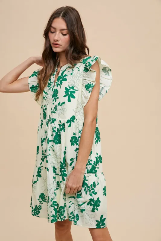 Ivory Floral Printed V-Neck Frill Tiered Dress sold by Pinkblush