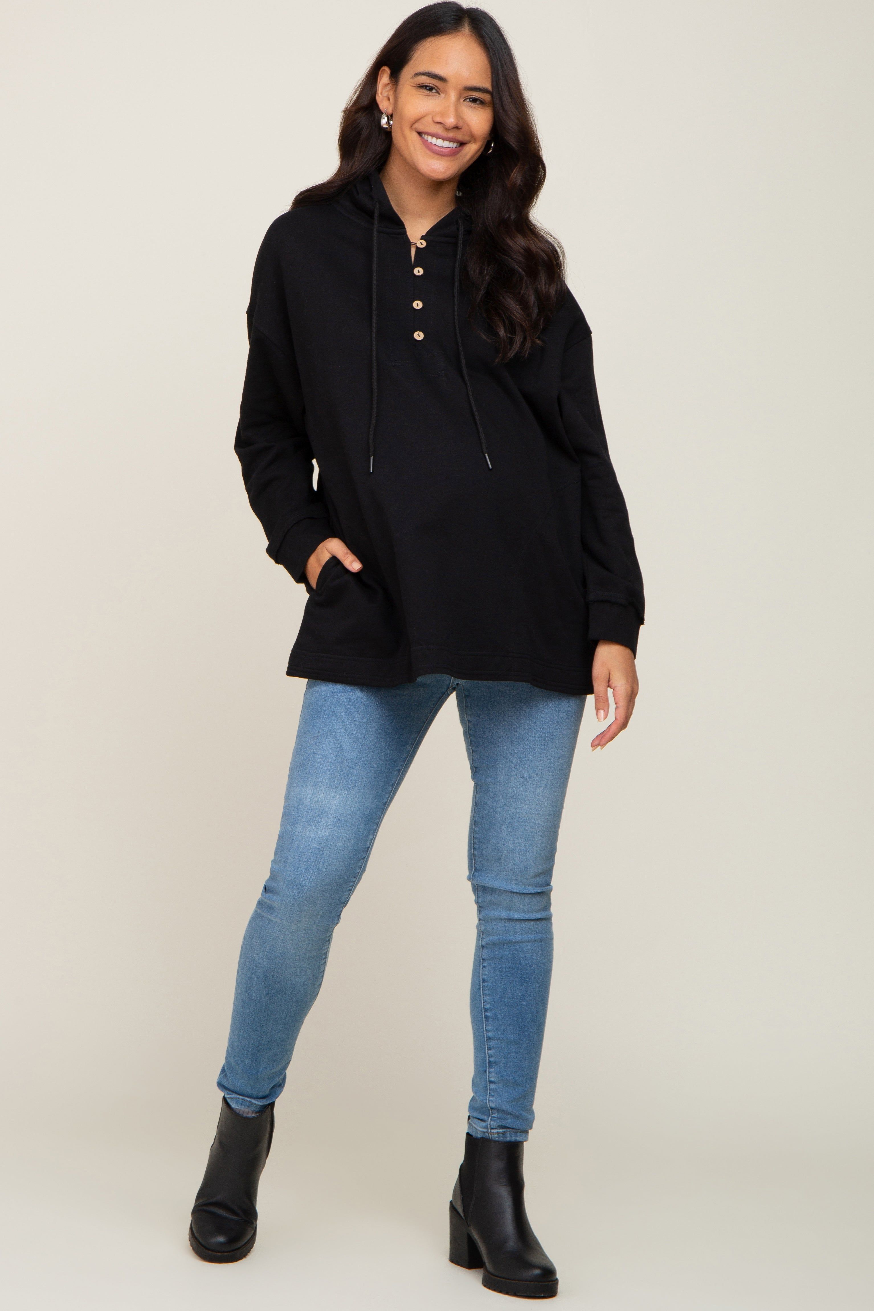 Black Button Front Hooded Maternity Top sold by Pinkblush product image thumbnail 4